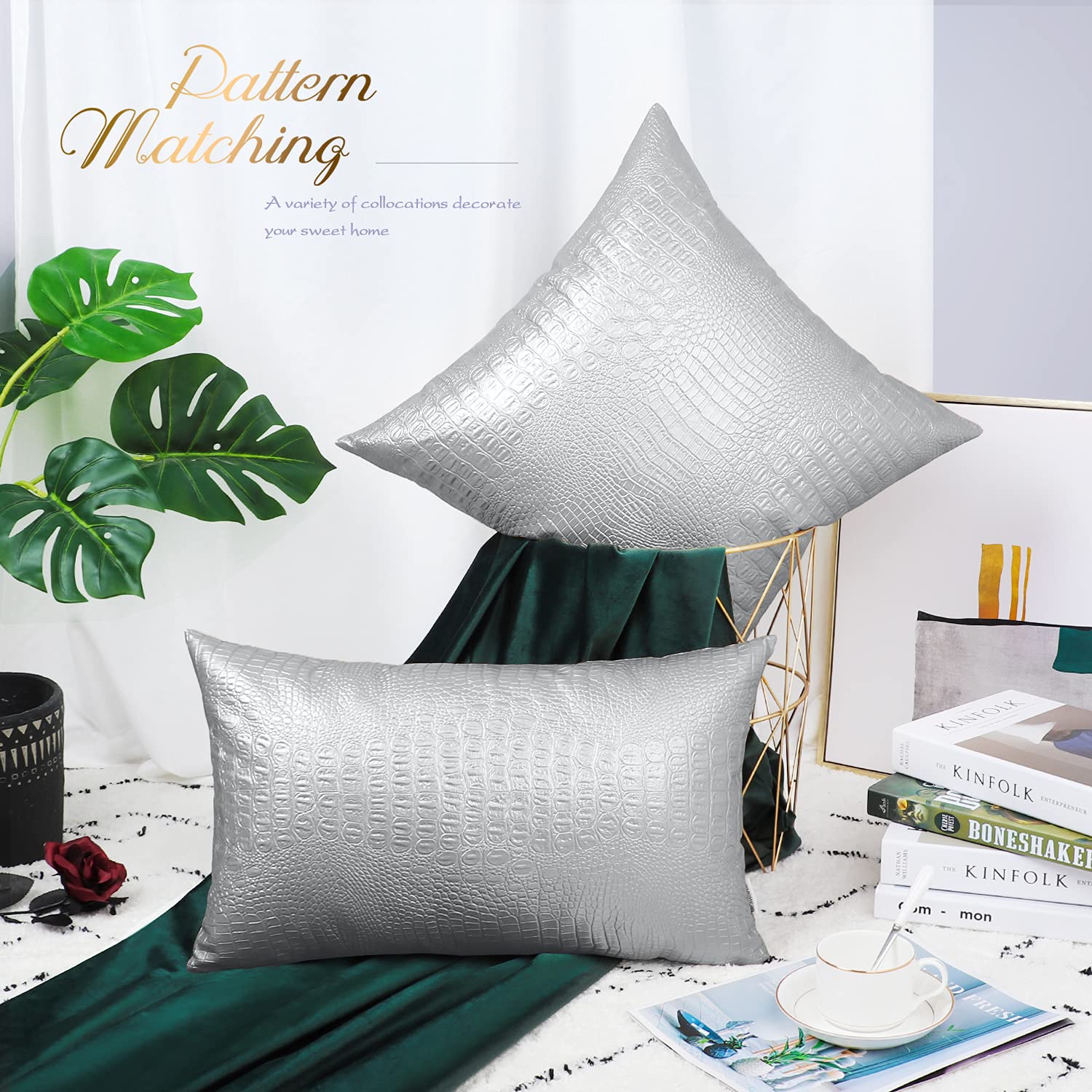 Brawarm Faux Leather Pillow Covers 22 X 22 Inches, Silver Leather Pillow Covers Pack Of 2, Crocodile Leather Decorative Throw Pi