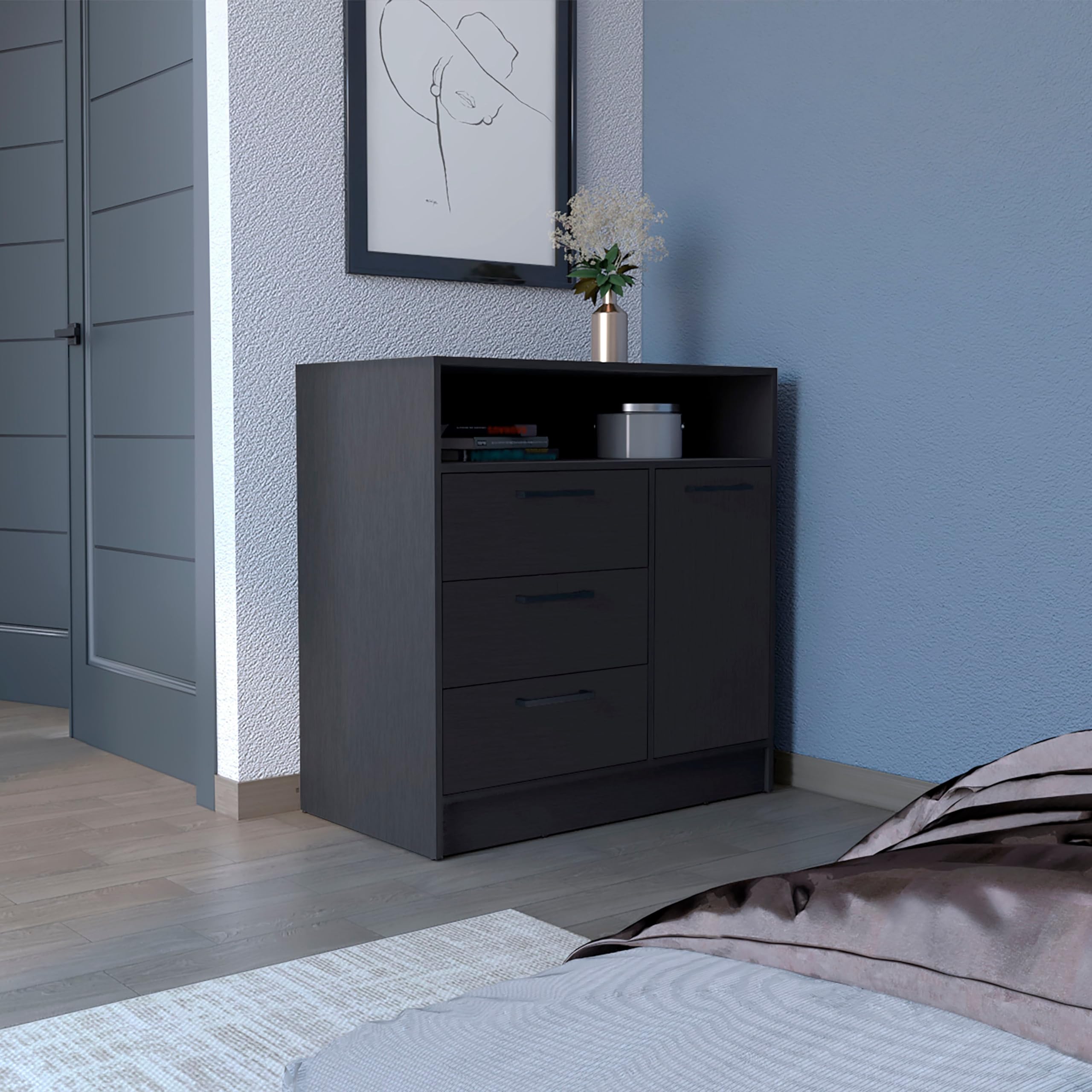 Depot E-Shop Lizton Dresser With Spacious 3-Drawer And Single-Door Storage Cabinet, Black