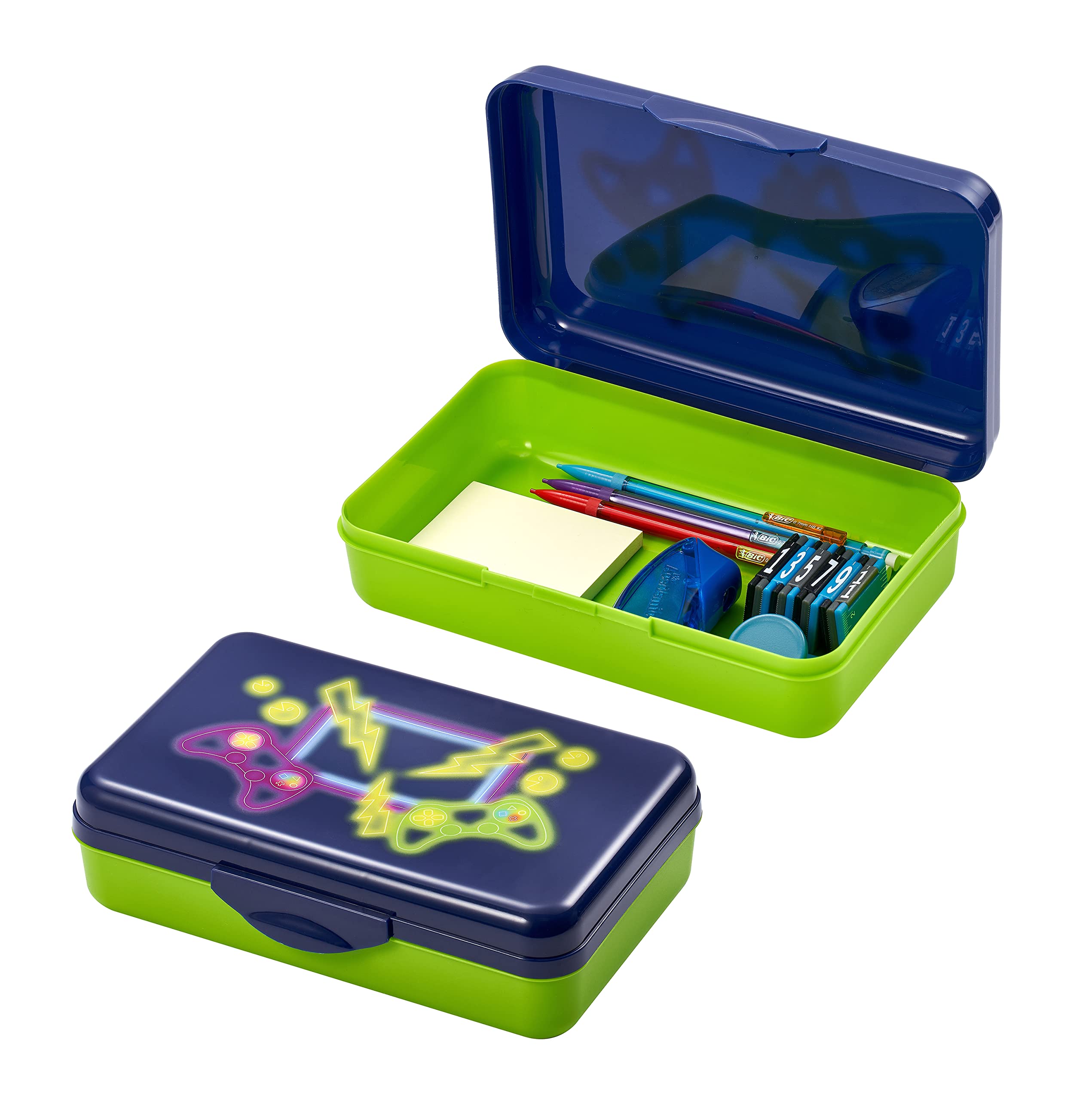 It'S Academic Pencil Box Kit, Includes Ruler & Sharpener, Durable Plastic, For School & Office Supplies, Blue Gaming Design