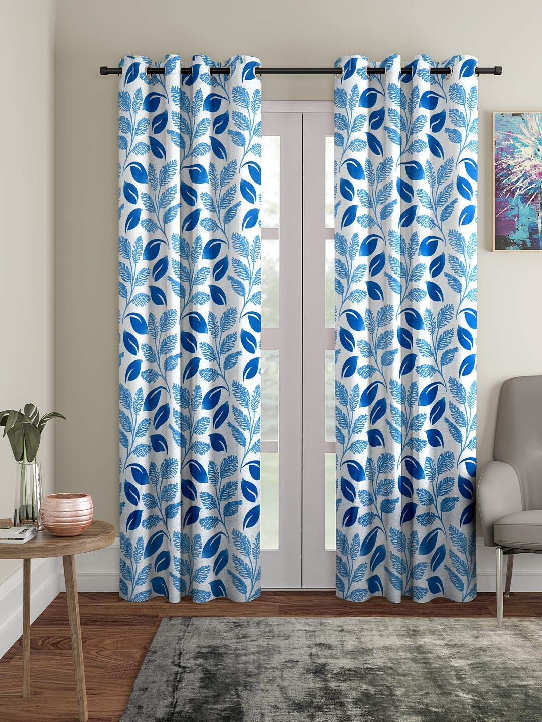 Cortina 2 Piece Floral Design Panel Eyelet Polyester Door Curtains  7 Feet, Blue