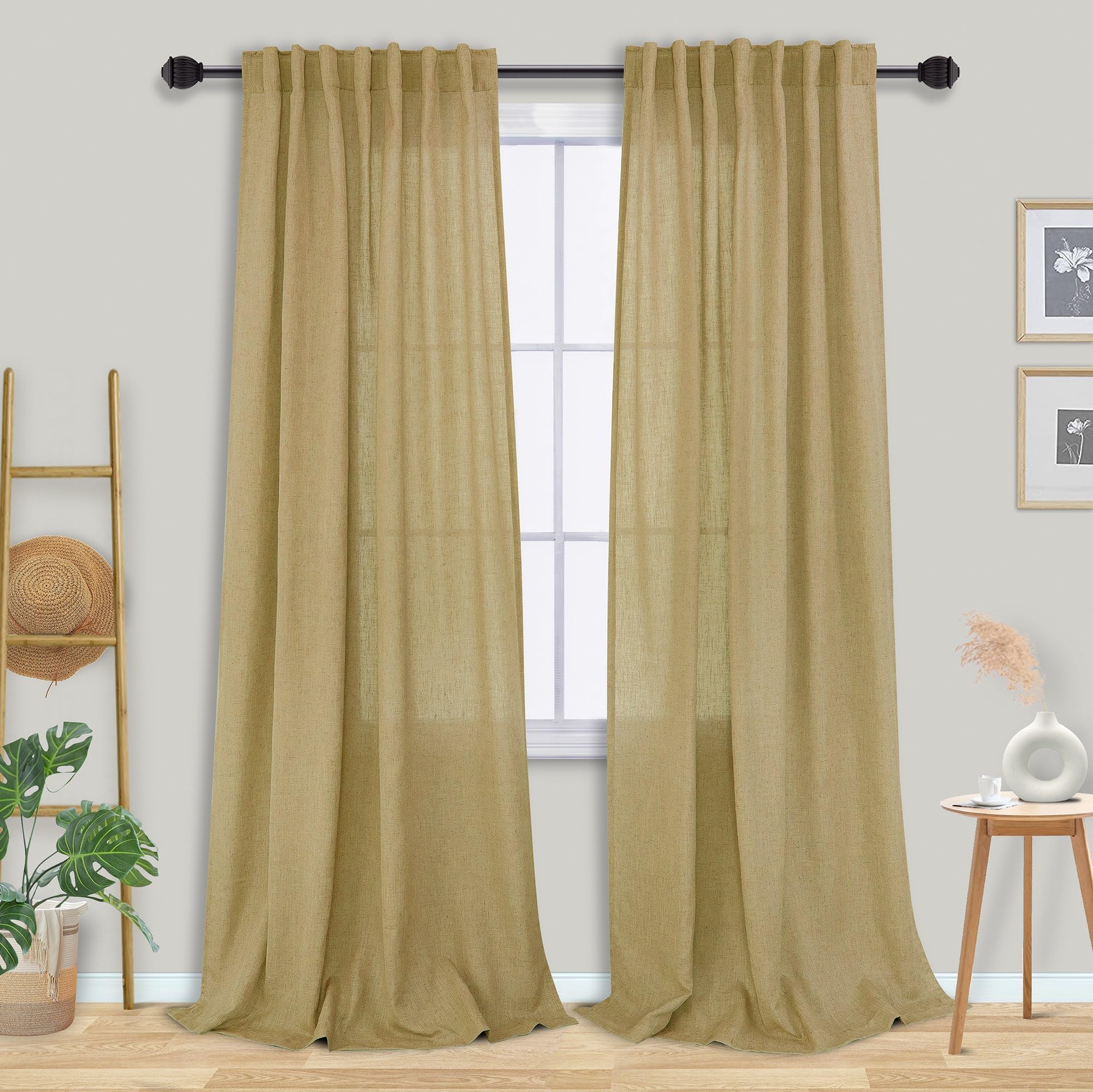 Mrs.Naturall Light Brown Curtains 96 Inches Long For Living Room Set 2 Panels, Back Tab Light Filtering Tan Linen Semi Sheer Cur