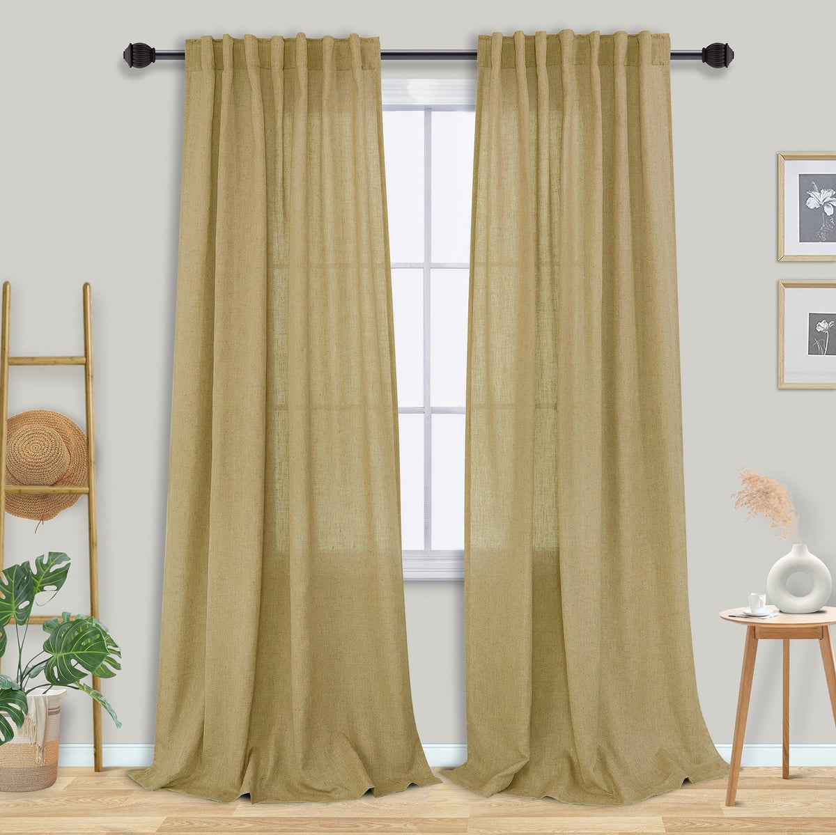 Mrs.Naturall Light Brown Curtains 84 Inches Long For Living Room Set 2 Panels, Back Tab Light Filtering Burlap Tan Linen Semi Sh