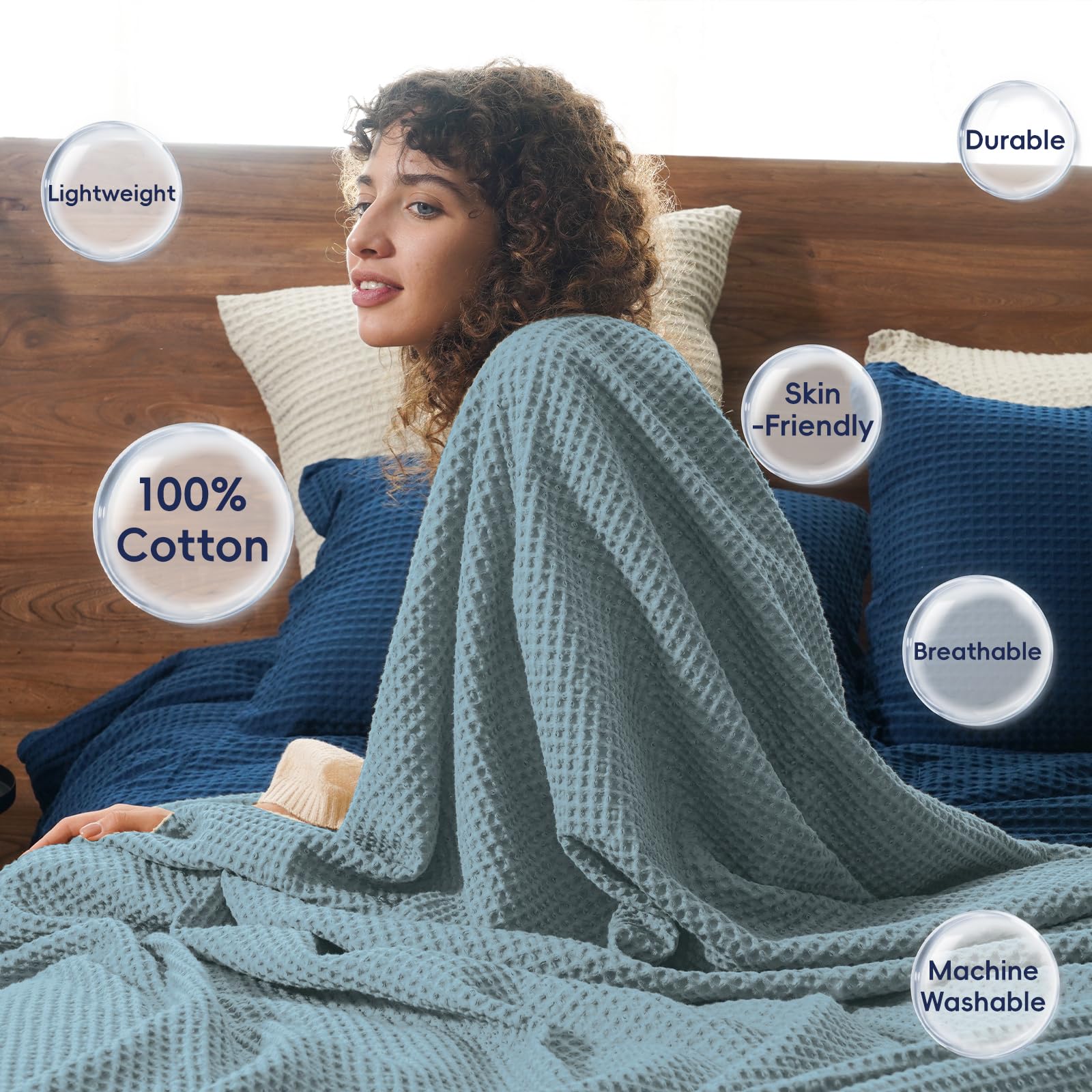 Phf 100% Cotton Waffle Weave Blanket King Size 104' X 90' - Lightweight Cozy Washed Soft Breathable Throw - Perfect Layer For Couch Bed Sofa - Elegant Aesthetic Home Decoration Gift - Ocean