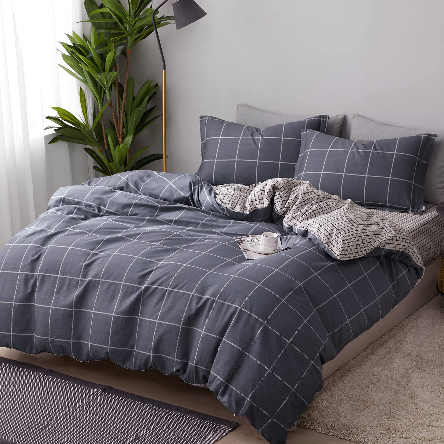Saphreas Gray Plaid Duvet Cover Set Queen Size 3Pcs Dark Grey Grey Geometric Grid Cotton Bedding Comforter Cover Set 1 Quilt Cov