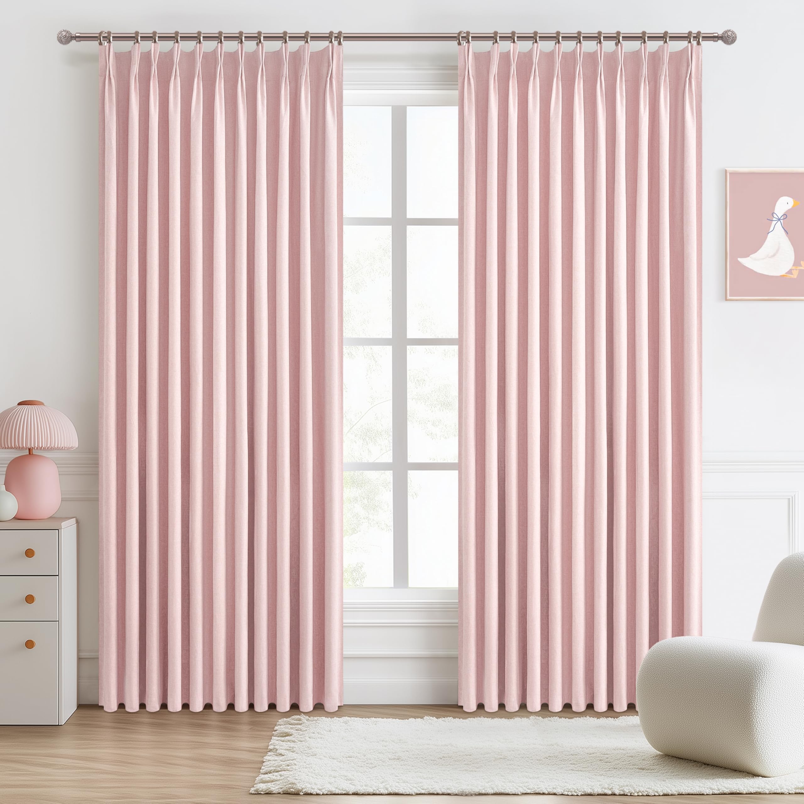 Baby Pink Extra Wide Curtains 70 Inches Wide for Grils Bedroom 2 Panels Set, Heavy Duty Pinch Pleated 84 Inch Long Linen Blackou