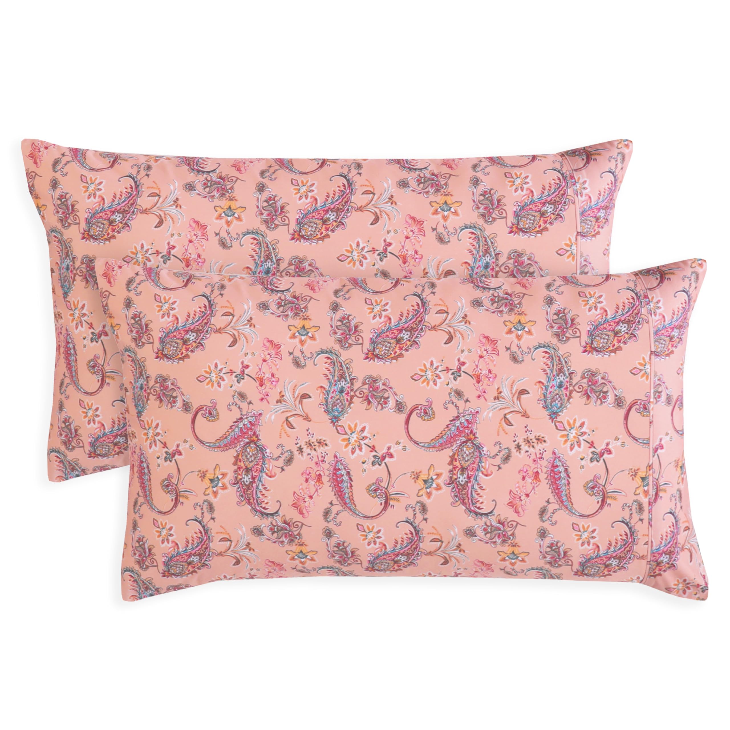 Elegant Comfort Ultra Soft Set Of 2 Floral Print Pillowcases - 1500 Premium Hotel Quality Microfiber, Soft And Smooth Envelope Closure 2-Piece Pillow Covers - Standard/Queen, Paisley Coral