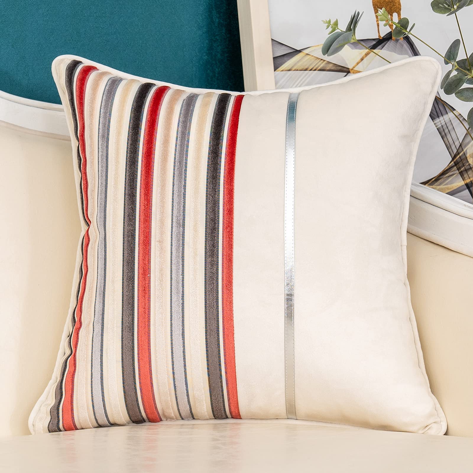 Yangest Red Striped Patchwork Throw Pillow Cover Silver Leather Cushion Cover Zippered Pillowcase For Sofa Couch Bedroom Living