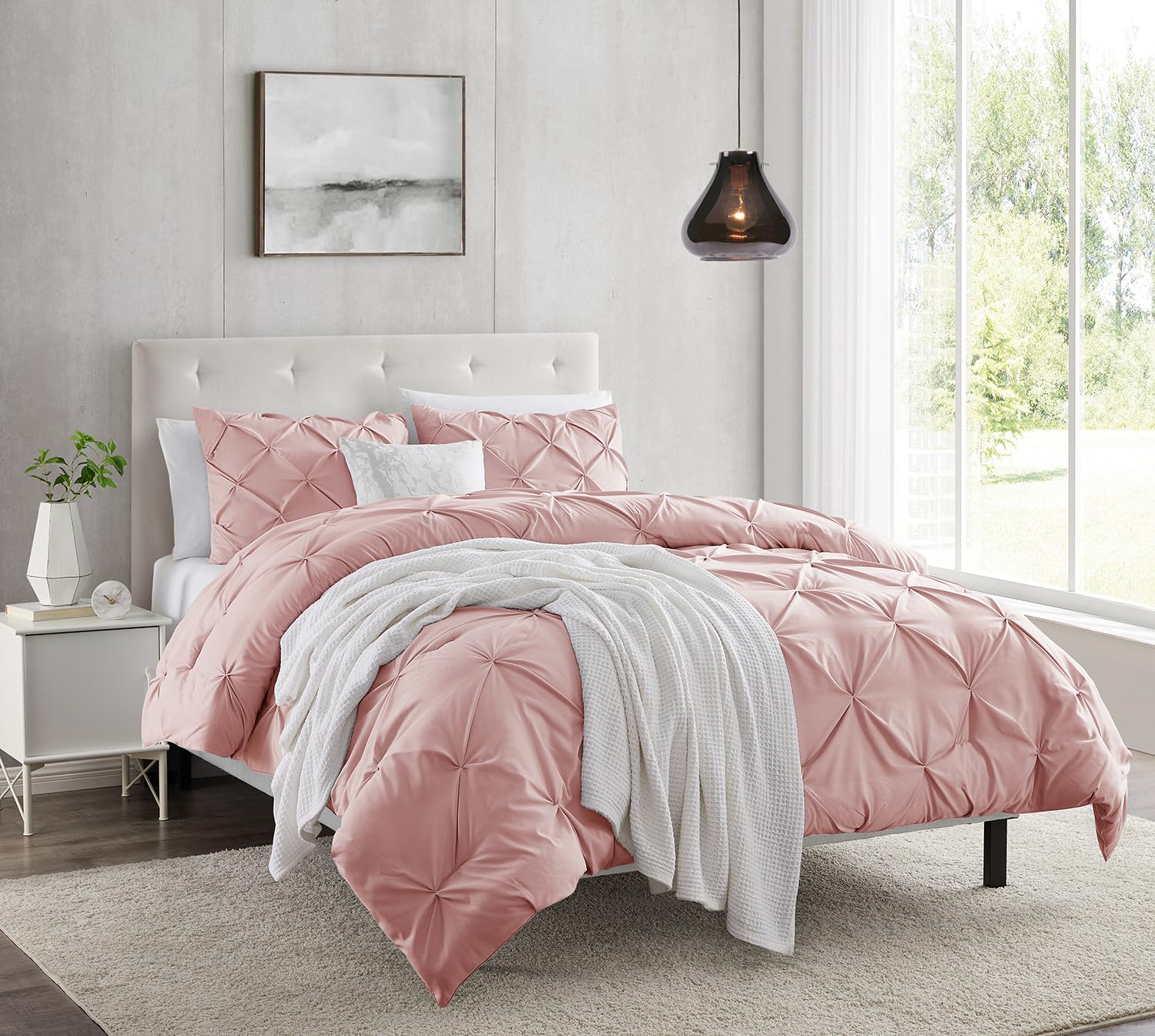 Nestl Peach Beige Duvet Cover Queen Size - Pintuck Queen Duvet Cover Set, 3 Piece Double Brushed Duvet Covers With Button Closur