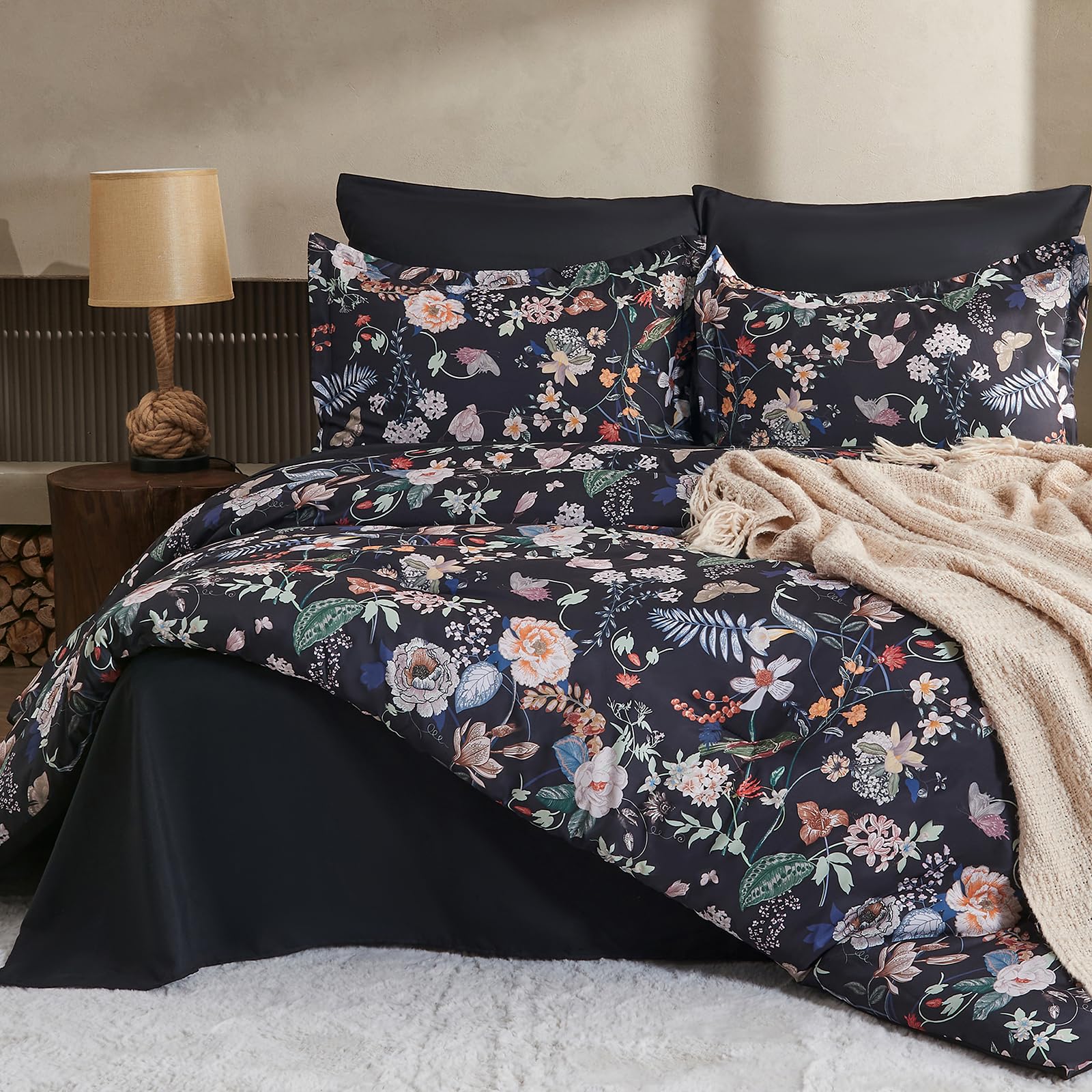 7 Piece King Comforter Set, Black Butterfly Floral Comforter Set With Flowers Leaves Pattern, Soft Microfiber Complete Bedding S
