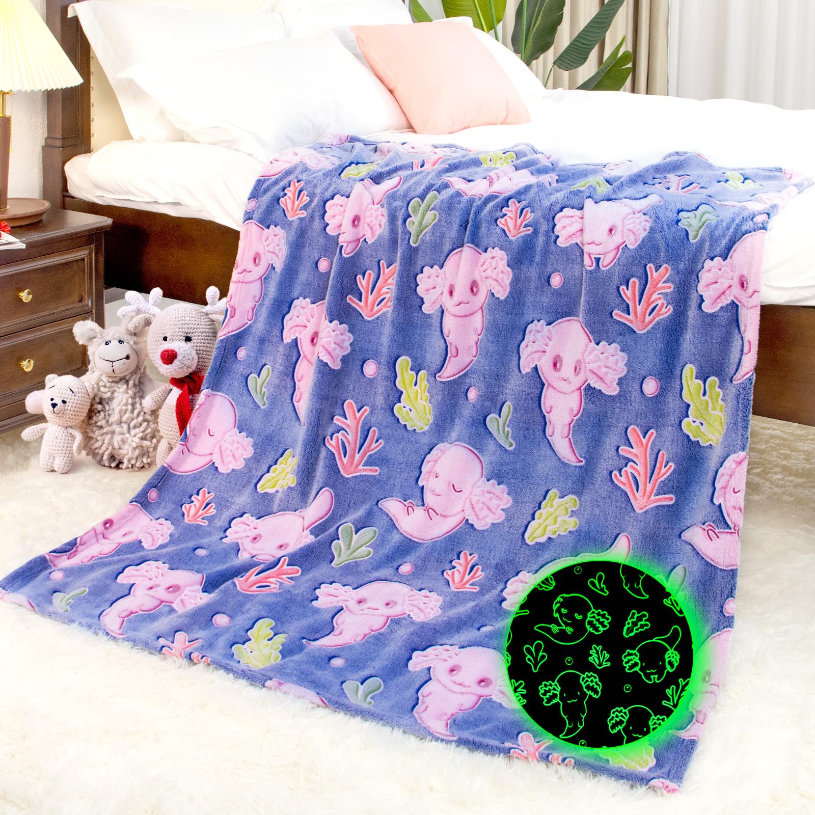 Axolotl Blanket Glow In The Dark Animal Throw Blanket Soft Cozy Salamander Fleece Bedding Blanket Axolotl Gifts Decor Stuff Toys
