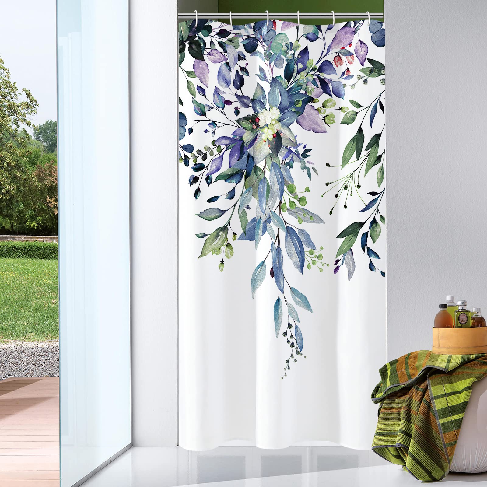 Gibelle Small Stall Shower Curtain 36 x 72, Narrow Green Eucalyptus Leaves Shower Curtain, Watercolor Floral Plant Bathroom Curt