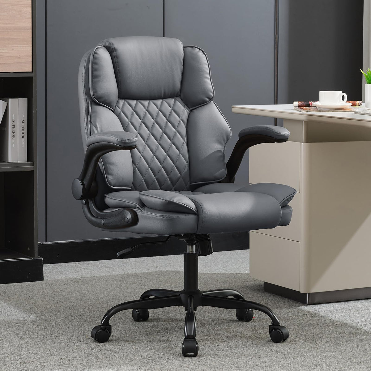 Bowthy Mid Back Executive Leather Office Chair,Ergonomic Home Computer Desk Chair With Adjustable Flip-Up Arms,Conference Room C