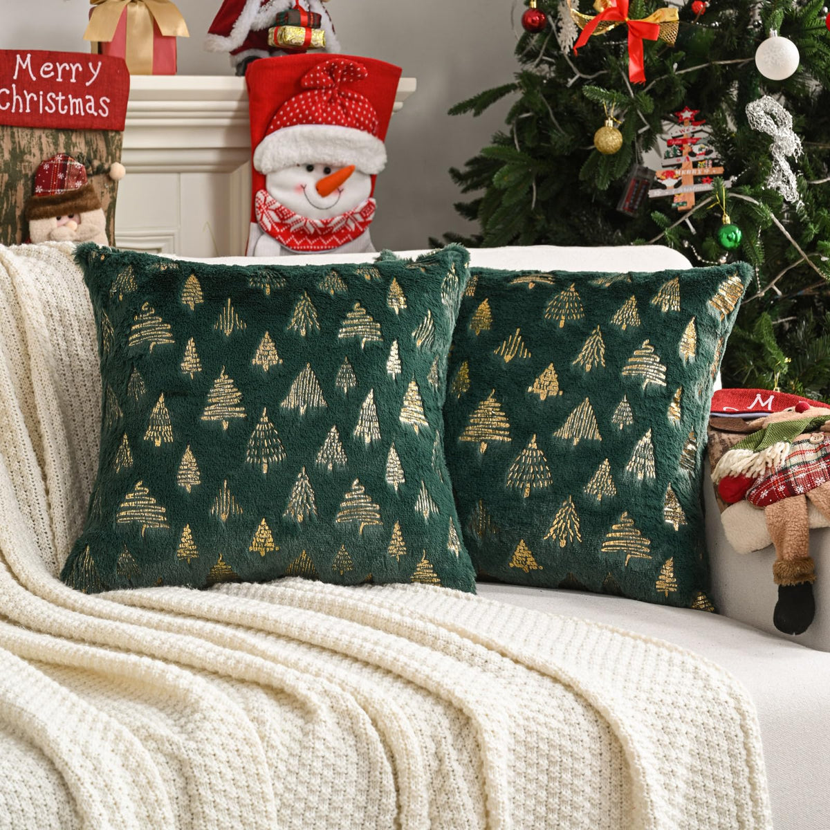 Futei Christmas Tree Green Throw Pillow Covers 18X18 Inch Set Of 2,Soft Decorative Cushion Cases,Home Decor For Couch Bed Living