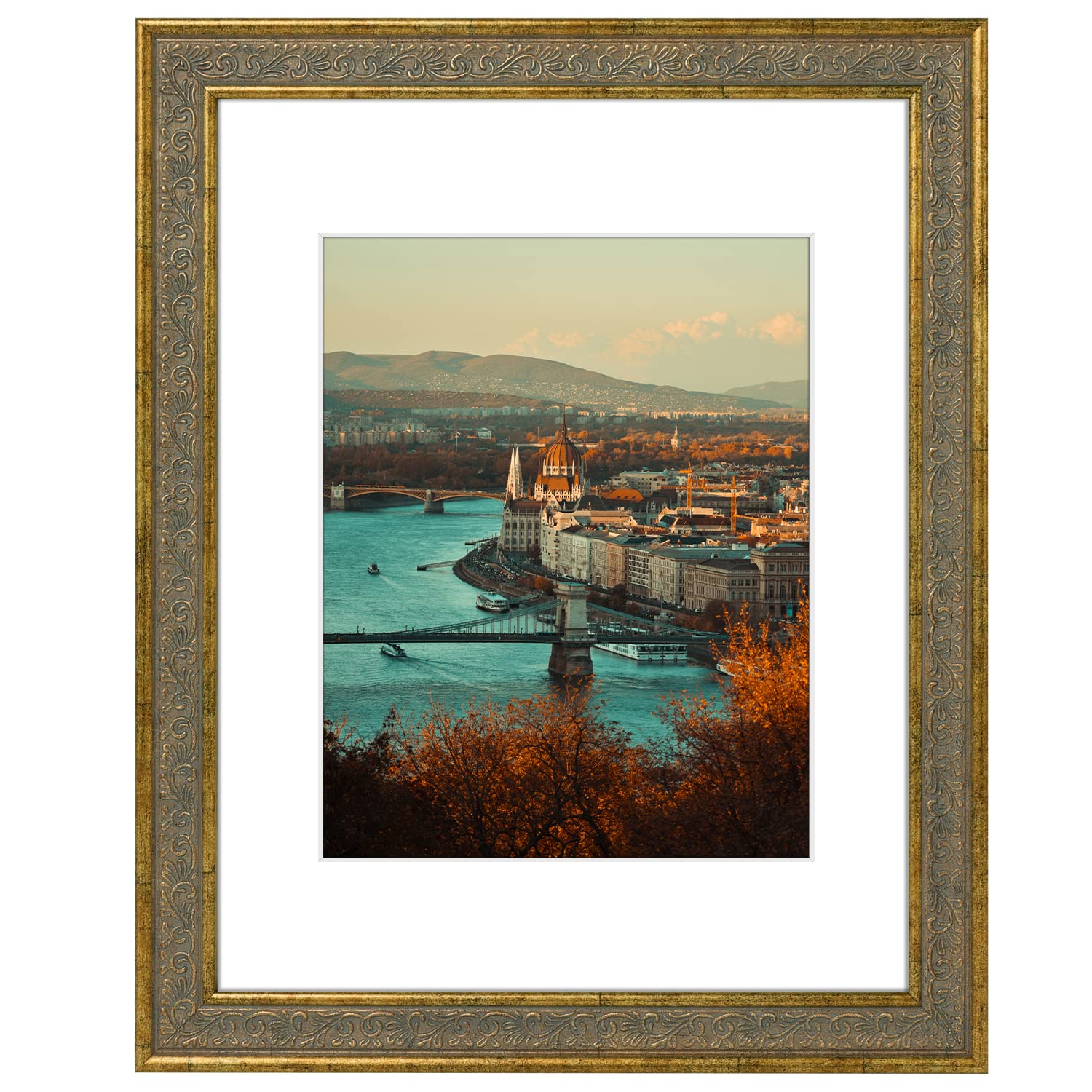 Golden State Art, 11X14 Ornate Finish Photo Frame with White Mat for 8x10 Picture & Real Glass. Color: Distressed Gold