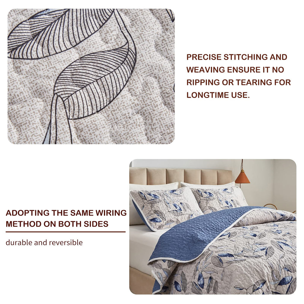 Joyreap Quilt Set California King- 102X114 Inches, 3 Pieces Lightweight Microfiber Quilt, Botanical Blue Leaves On Light Gray De