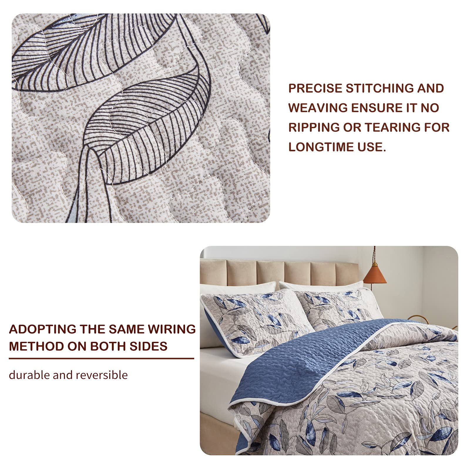 Joyreap Quilt Set California King- 102X114 Inches, 3 Pieces Lightweight Microfiber Quilt, Botanical Blue Leaves On Light Gray De