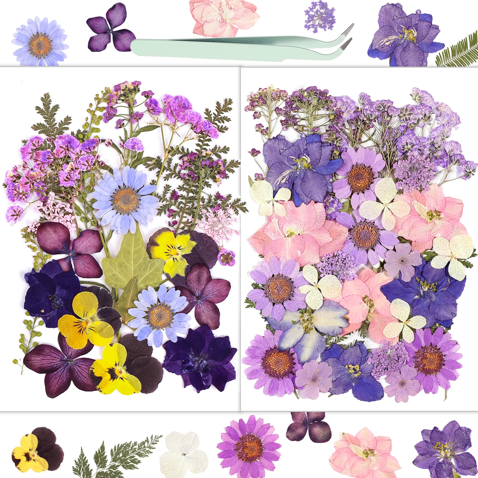 Resiners 58PCS Dried Pressed Flowers for Resin Supplies, Purple Real Pressed Flowers Dry Leaves Bulk Natural Herbs Kit for Art C
