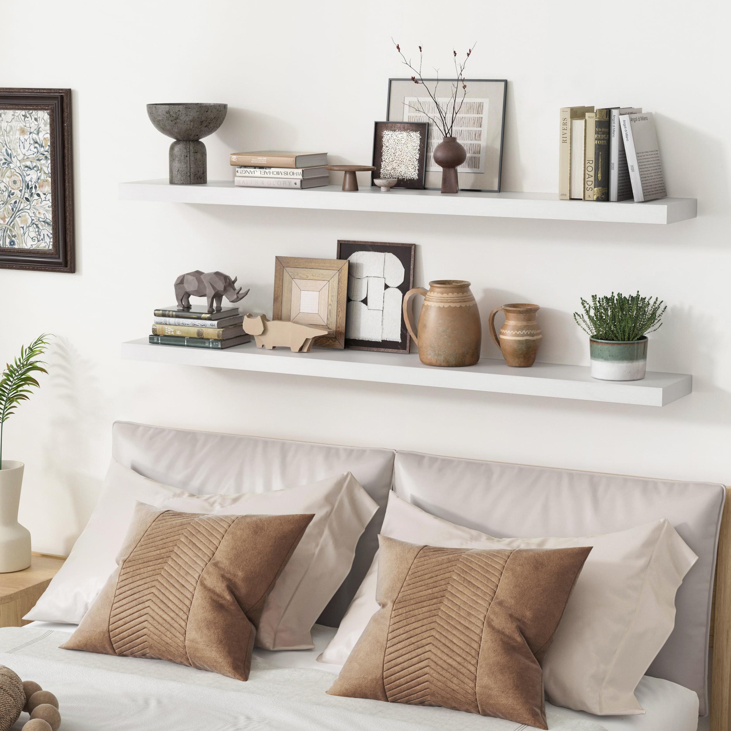 White Floating Shelves 48 Inch Set Of 2, Solid Wood Wall Mounted Shelves 48 Inches Long, Modern Floating Shelves For Bedroom Living Room Bathroom - White