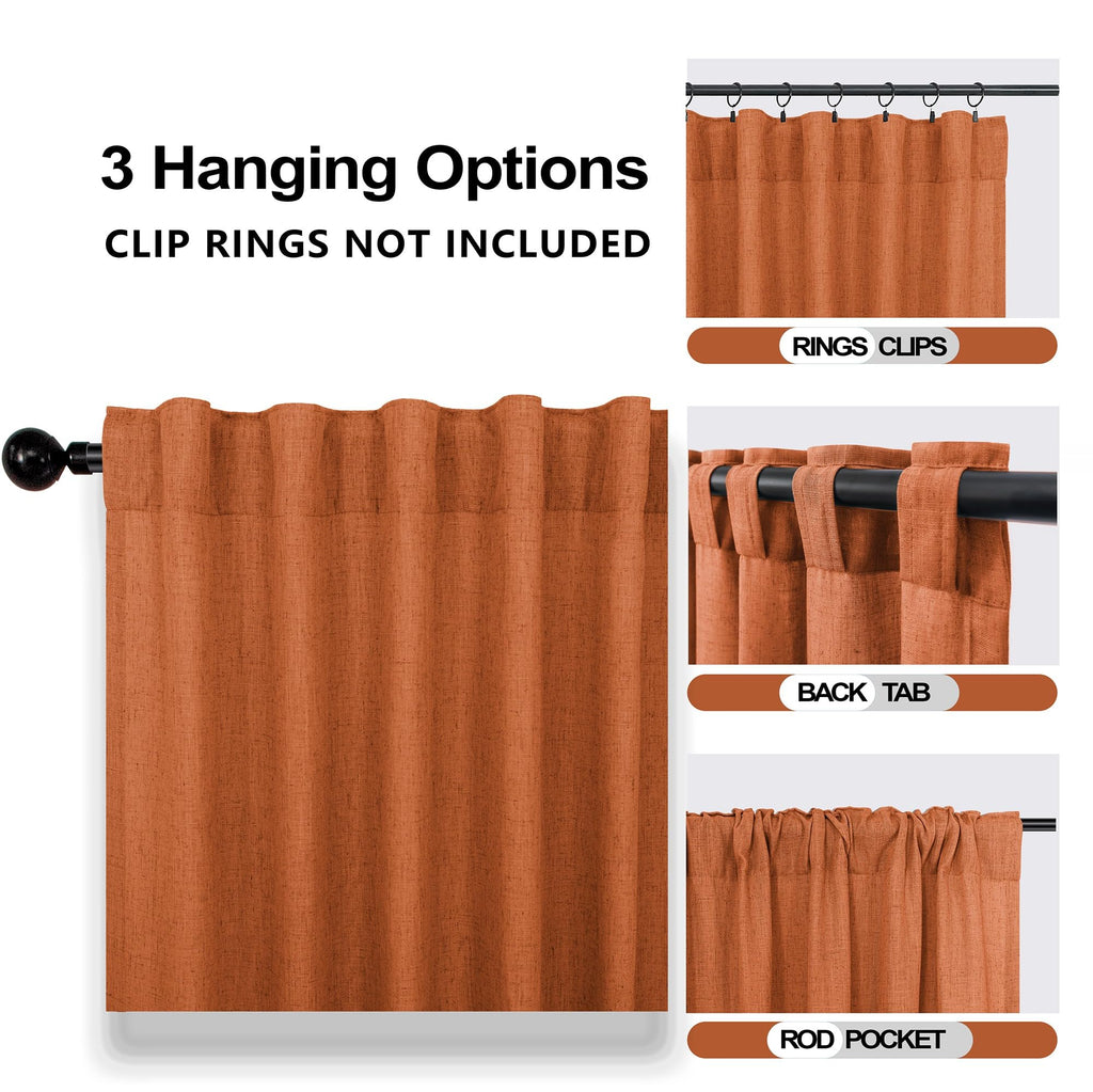 Mrs.Naturall Orange Linen Curtains 63 Inches Long For Bedroom,Sheer Retro 70S Boho Bohemian Farmhouse Pumpkin Halloween Autumn Curtains For Living Room 2 Panels Set,Burnt Orange Home Decoration
