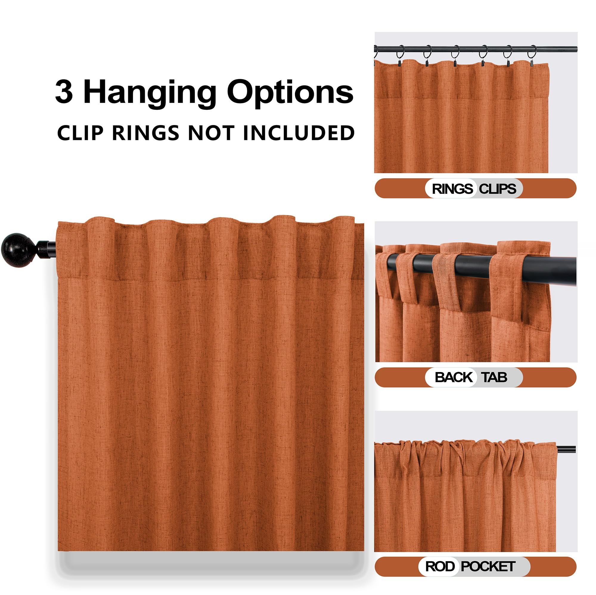 Mrs.Naturall Orange Linen Curtains 63 Inches Long For Bedroom,Sheer Retro 70S Boho Bohemian Farmhouse Pumpkin Halloween Autumn Curtains For Living Room 2 Panels Set,Burnt Orange Home Decoration