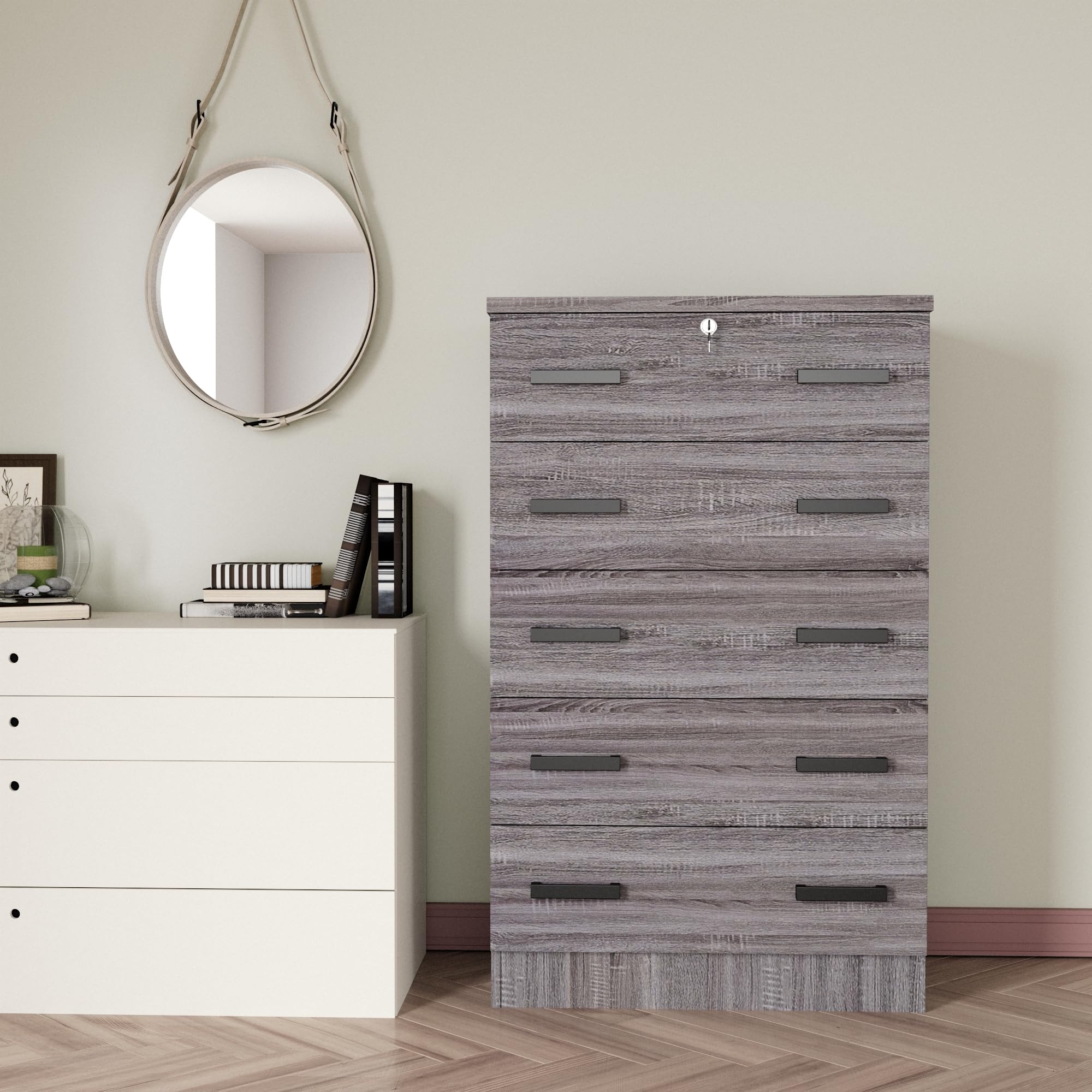 Cindy 5 Drawer Chest Wooden Dresser with Lock (Grey)