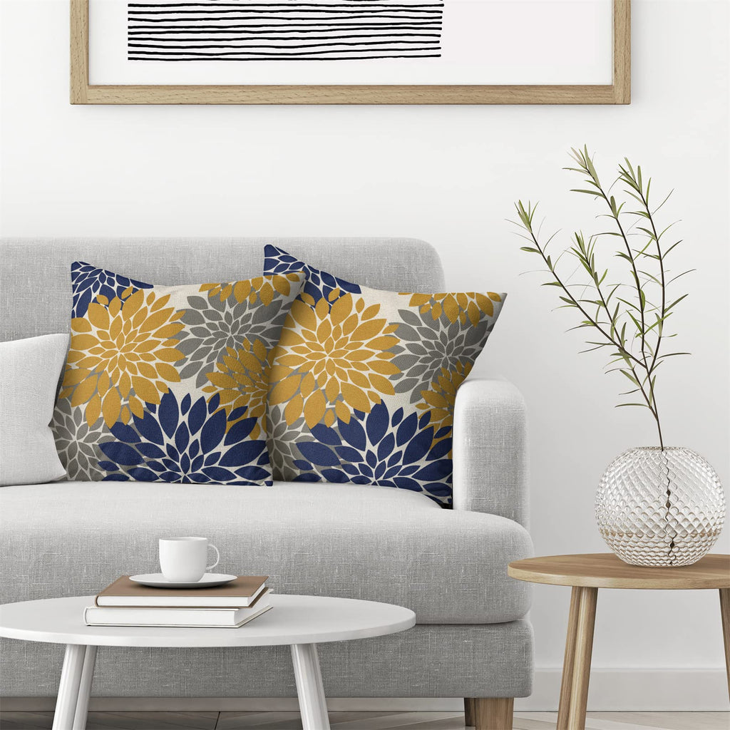 Cxmeifly Mustard Yellow Navy Blue Pillow Covers 16X16 Inch Set Of 2 Dahlia Floral Decor Throw Pillows Summer Modern Geometry Flo