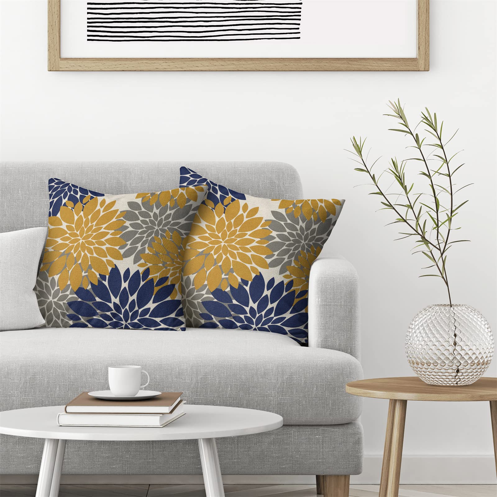 Cxmeifly Mustard Yellow Navy Blue Pillow Covers 18X18 Inch Set Of 2 Dahlia Floral Decor Throw Pillows Summer Modern Geometry Flo