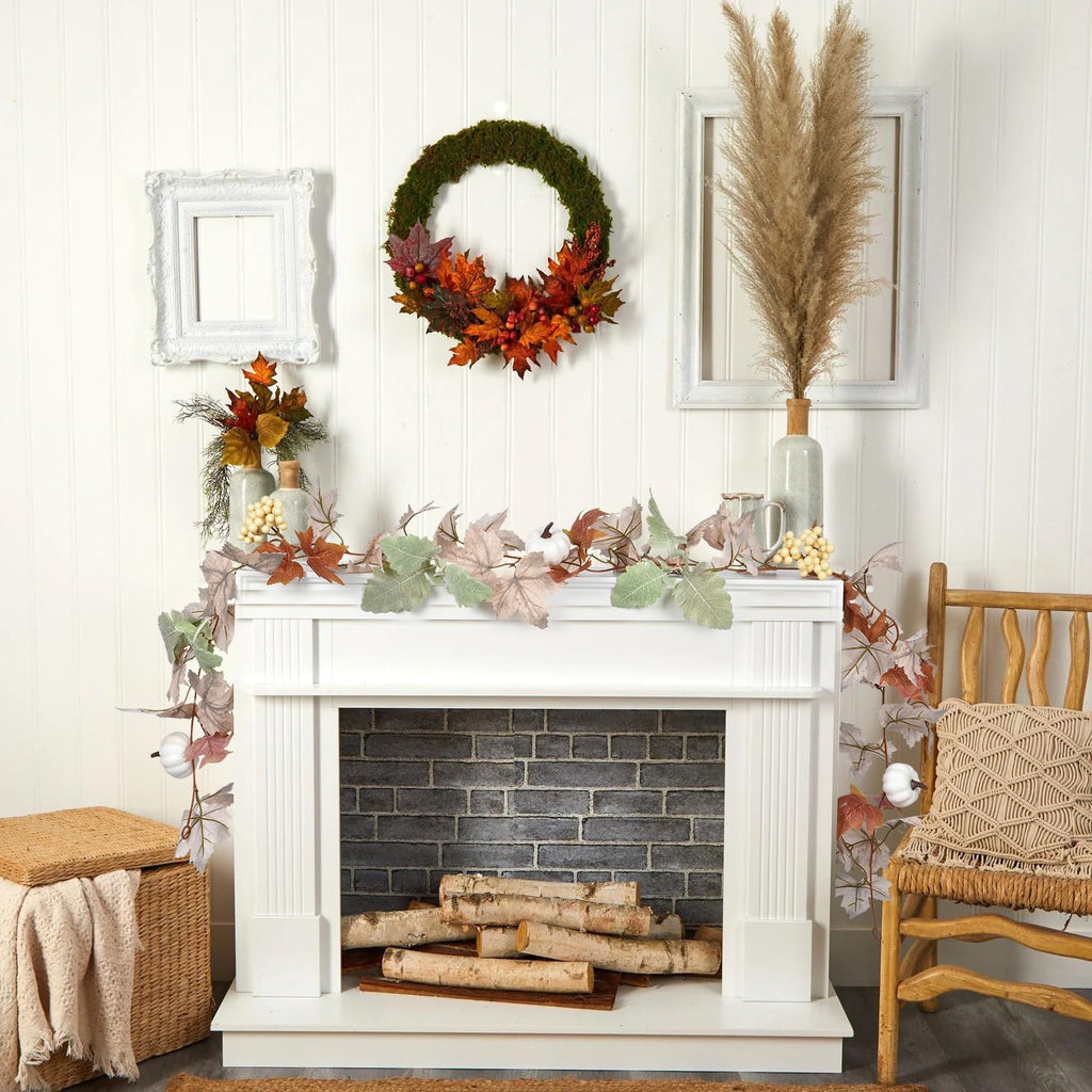 Lvydec Fall Maple Leaves Garland Decoration - 5.8Ft Artificial Fall Foliage Garland With White Pumpkins Autumn Decor For Hallowe