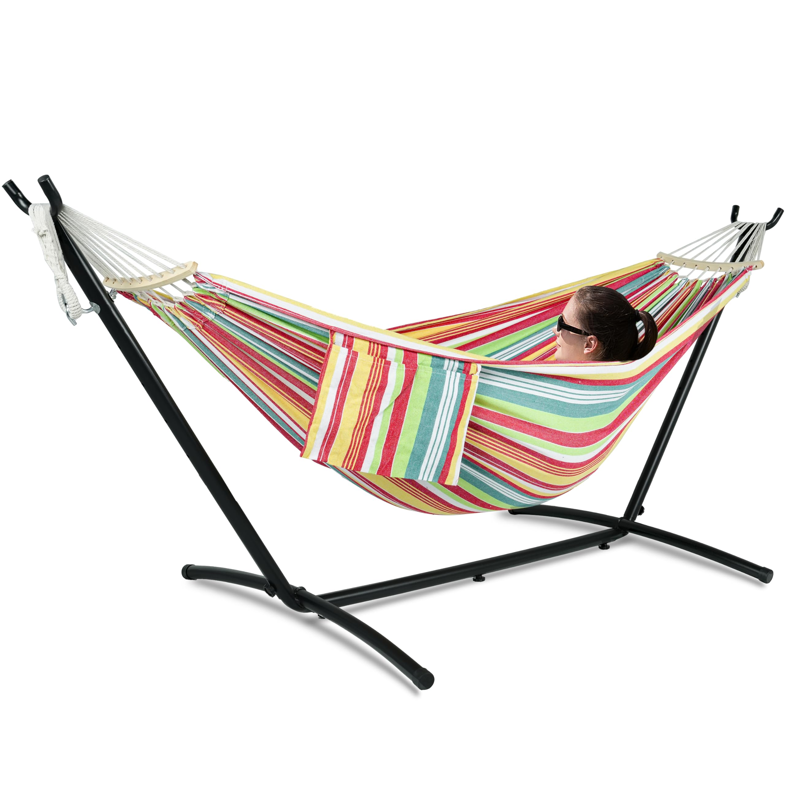 Gafete Double Hammock with Stand for Outside, Upgraded Spreader Bar, Heavy Duty Space Saving Steel Stand 2 Person, Side Pockets,