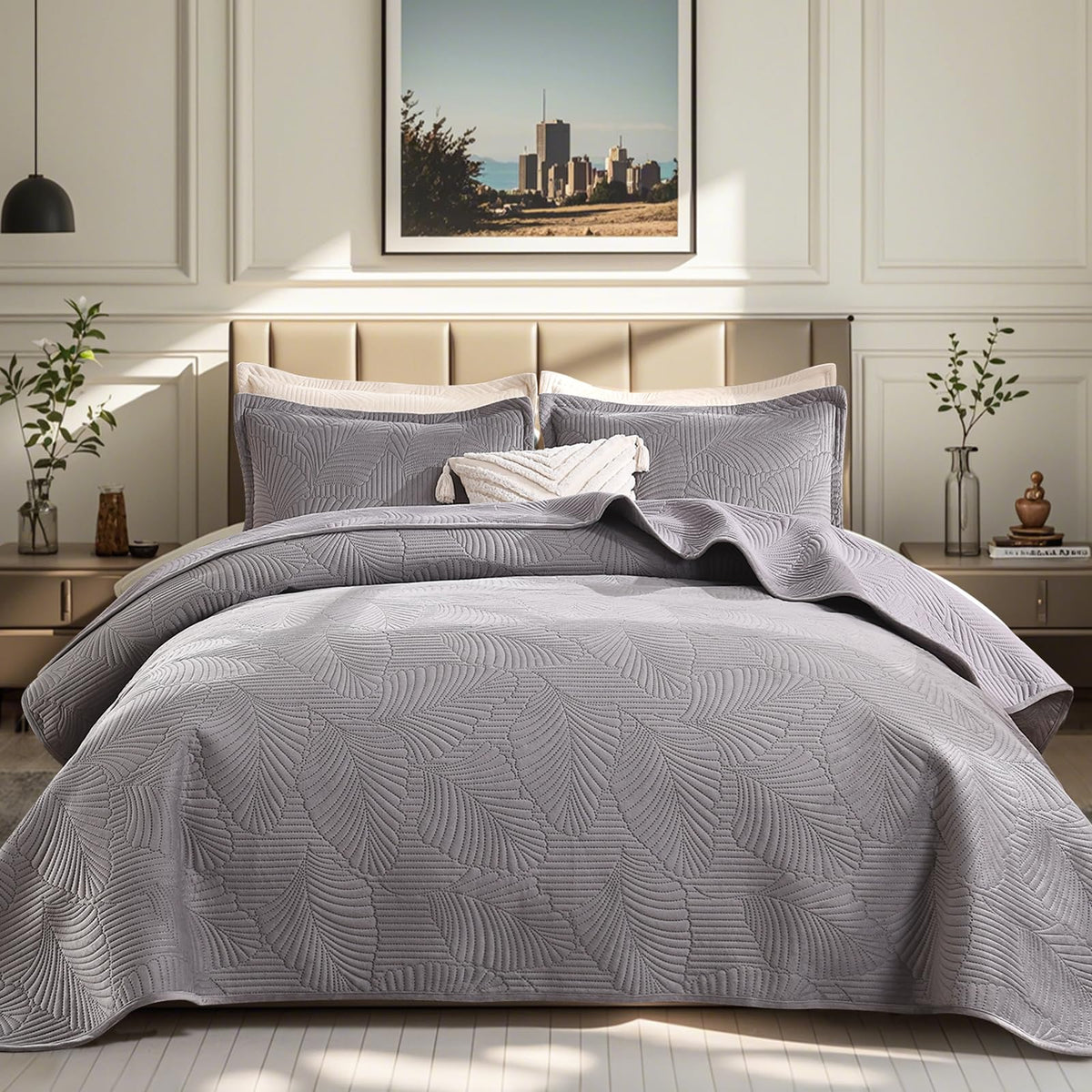 Grassix Velvet Quilt Set Queen Size, 3 Pieces Lightweight Summer Quilt Bedding Set, Luxury Soft Gray Bedspread With 2 Pillow Sha