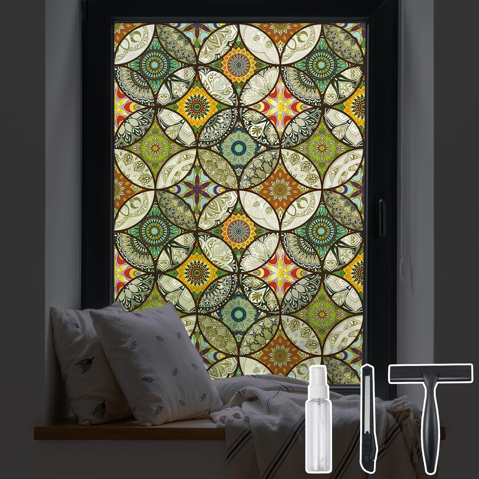 DKTIE Static Cling Decorative Window Film with Installation Tools Non Adhesive Privacy Film Stained Glass Window Film for Bathro