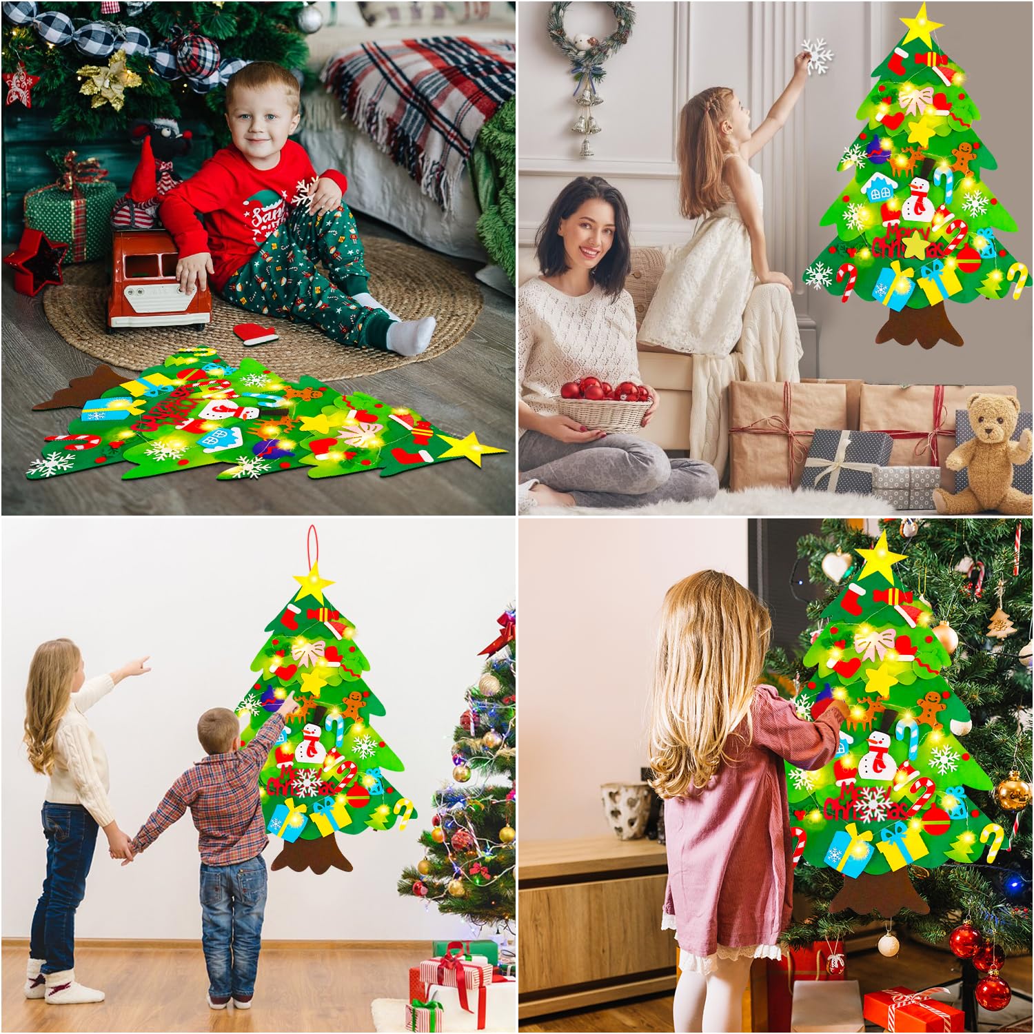 Felt Christmas Tree For Kids Wall, Upgraded Felt Tree Kit With Lights + Advent Calendar + 32 Ornaments, Diy Felt Tree Set Christ