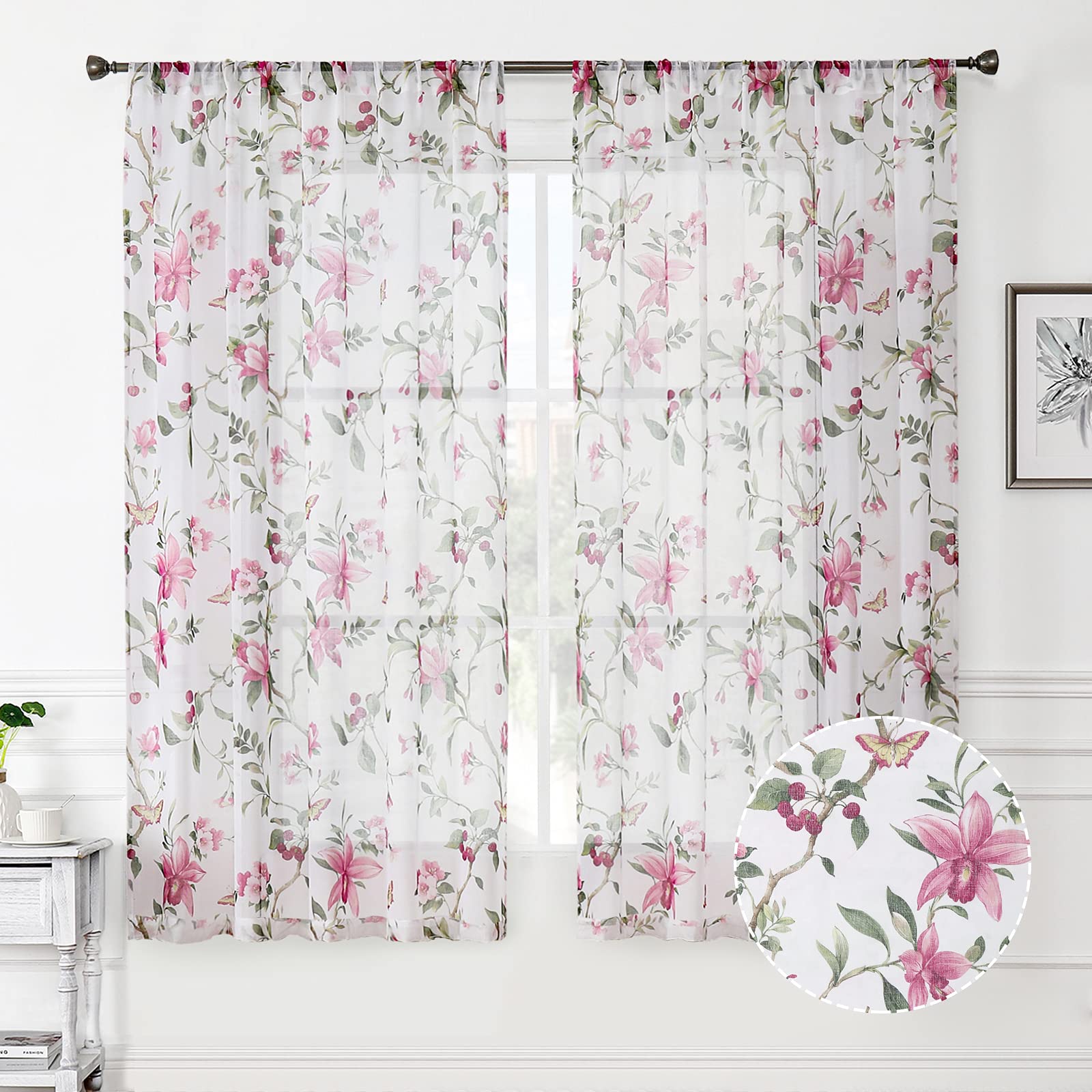 Tollpiz Floral Sheer Curtains Pink Cherry Flower Butterfly Print Living Room Curtain Rod Pocket Voile Linen Look White Sheer Cur