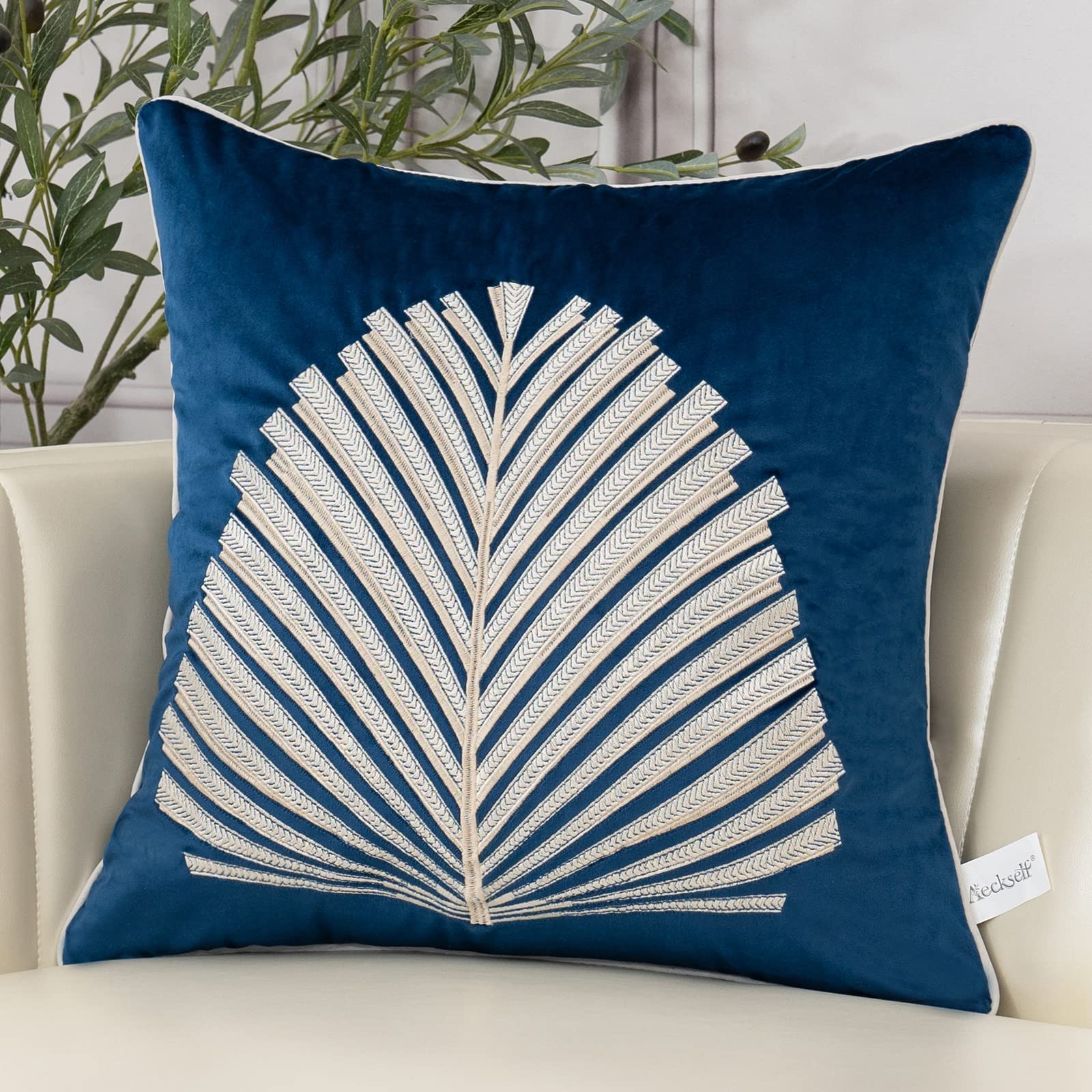 Aeckself 20 X 20 Inch Navy Blue Square Throw Pillow Cover Tree Leaves Embroidery Velvet Cushion Case Luxury Modern Pillowcase Fo