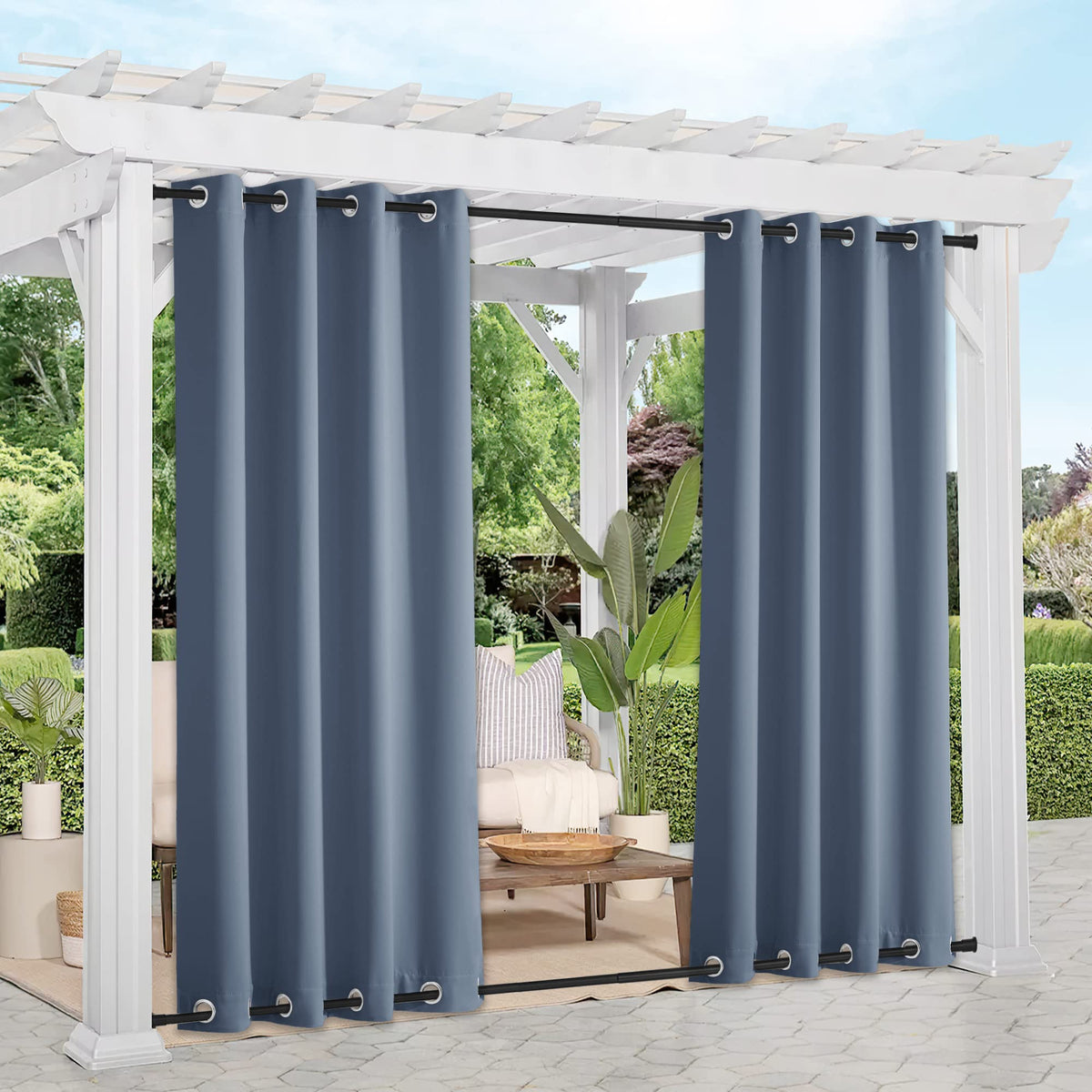 Nicetown 2 Panels Outdoor Curtains For Patio Waterproof, Rustproof Top & Bottom Grommet Windproof Drapes Thermal Insulated Black