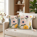 Loomix Cotton Linen Hand Embroidery Decorative Boho Cushion Cover 16X16 Inch Set Of 2 | Hidden Zipper | Breathable | Washable
