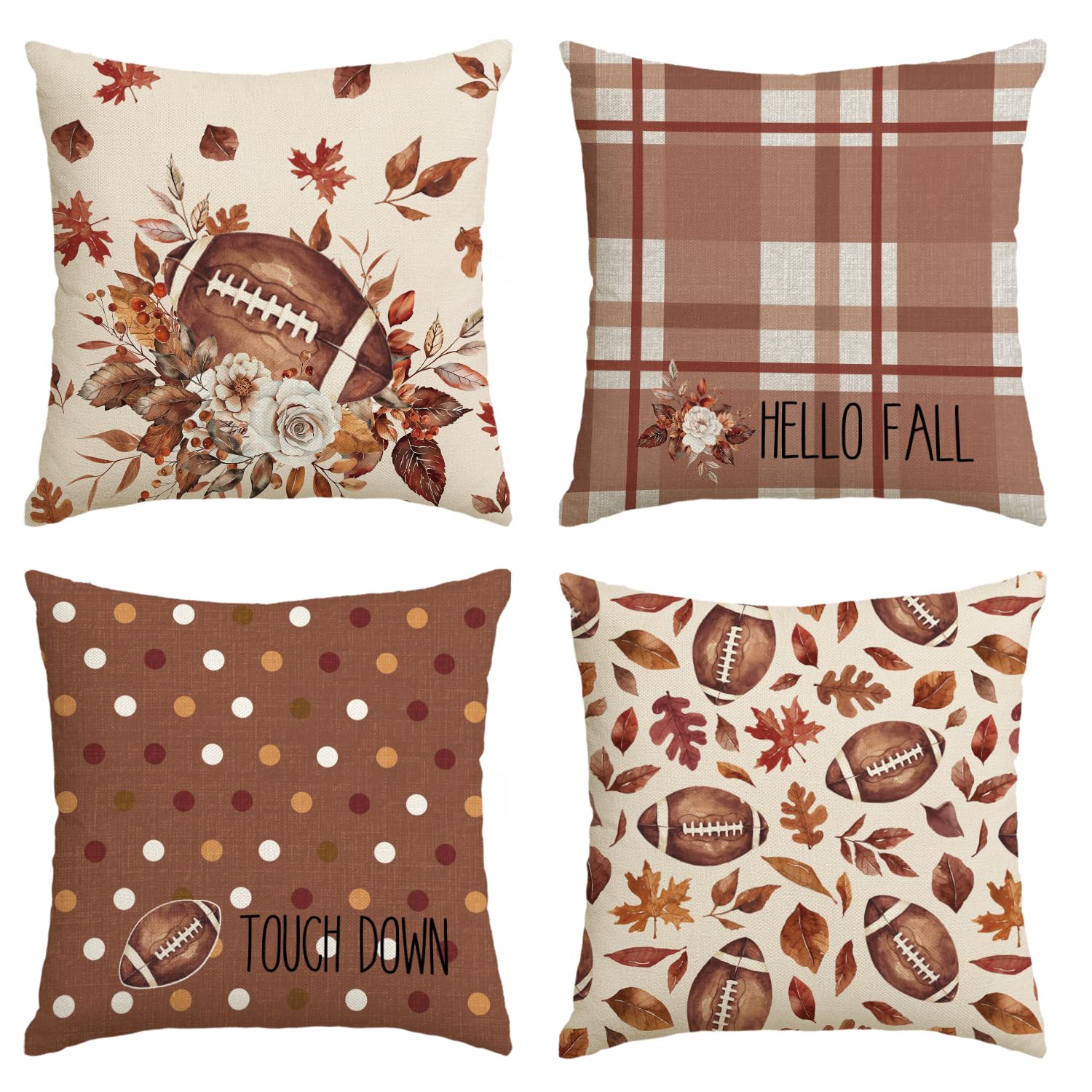 Avoin Colorlife Hello Fall Football Touch Down Throw Pillow Covers, 20 X 20 Inch Autumn Maple Leaf Flowers Thanksgiving Harvest