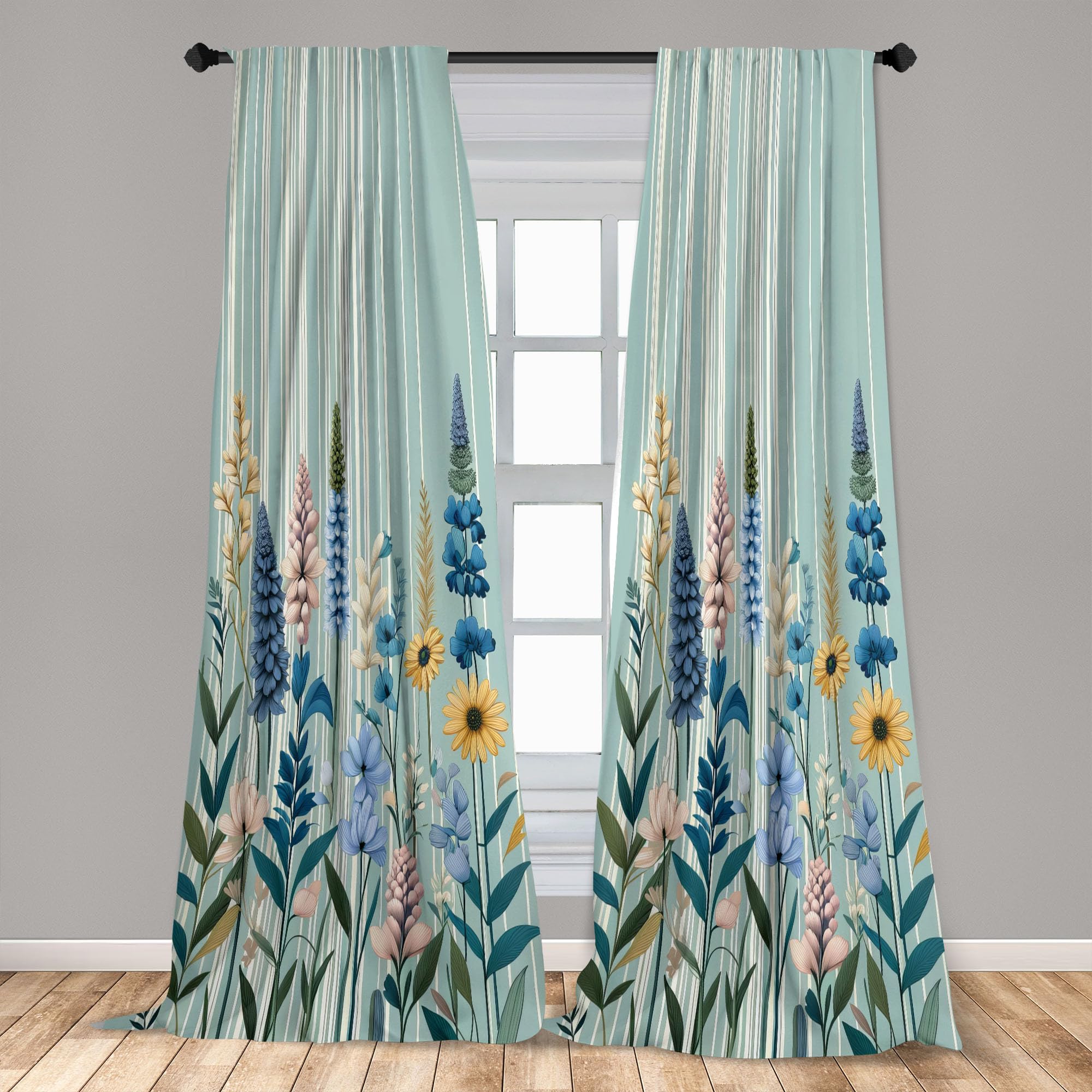 Ambesonne Spring Window Curtains Pack Of 2, Modern Garden With Leafy Lavenders And Daisy Huddle With Boho Stripes, Lightweight S