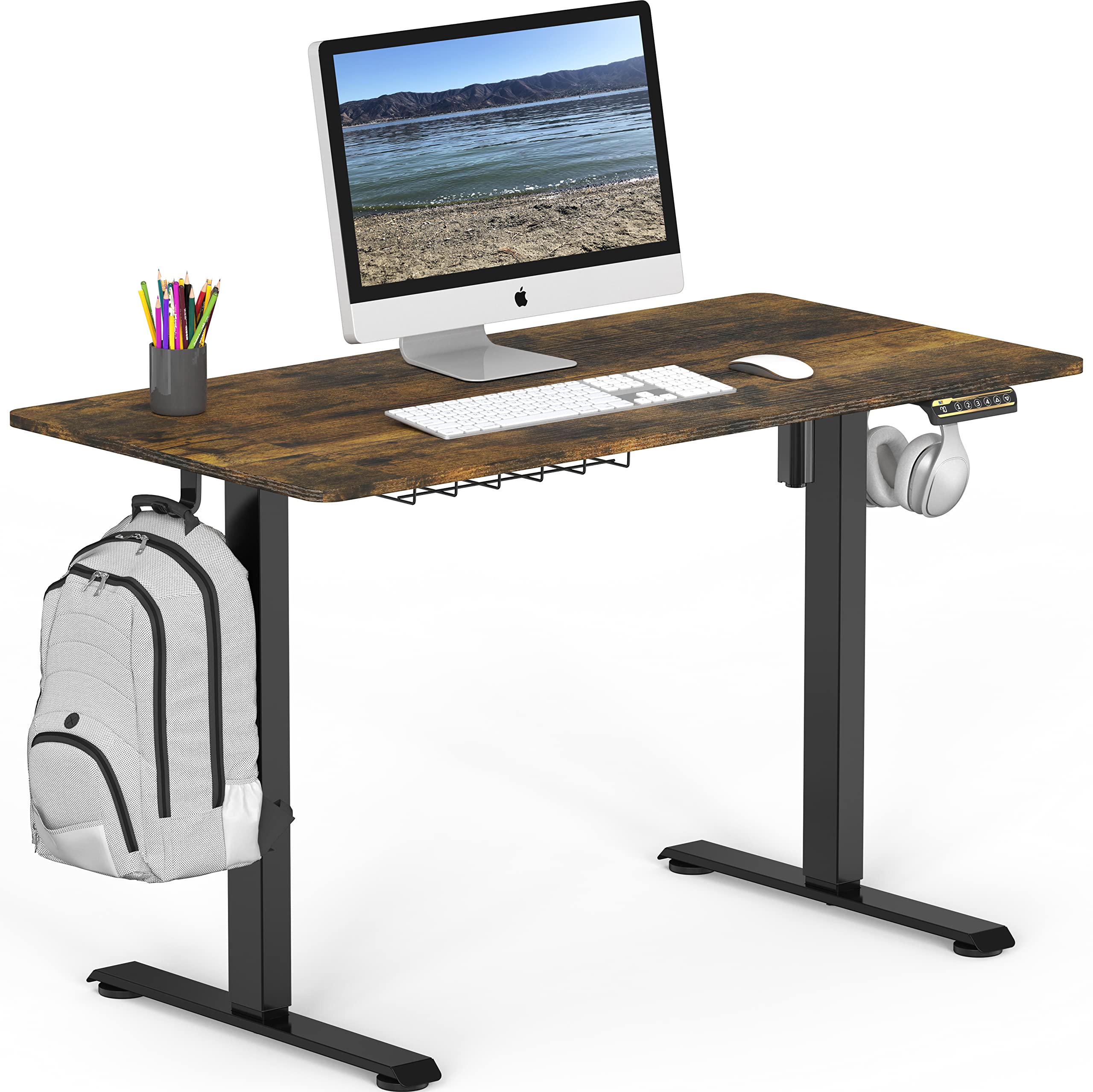SHW 48-Inch Electric Height Adjustable Sit to Stand Desk with Hanging Hooks and Cable Management, Black Frame and Rustic Brown T