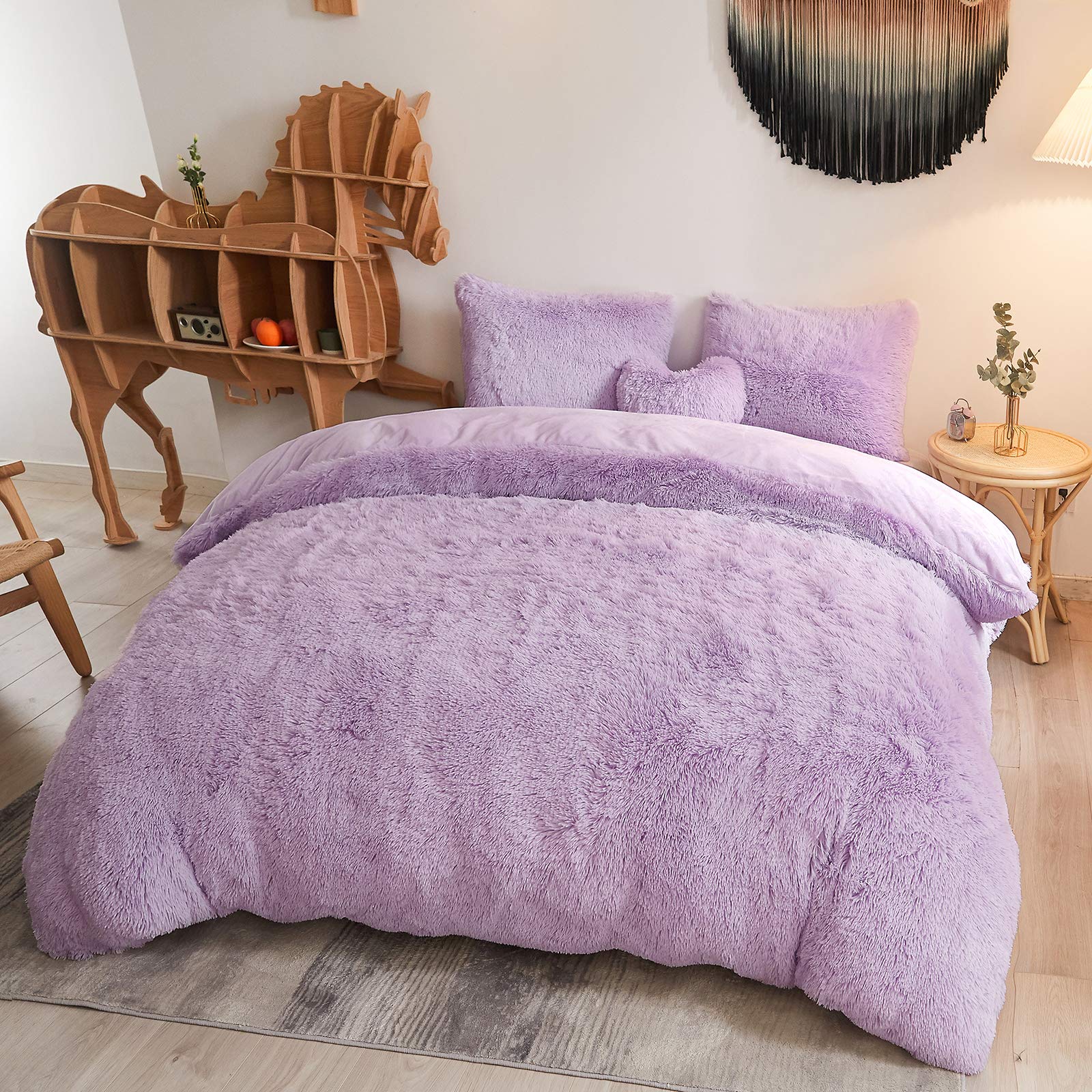 Mego Luxury Shaggy Faux Fur Duvet Cover Set, Ultra Soft 2 Pieces Fluffy Comforter Cover Set, Fuzzy Bedding Set Lavender Purple(1