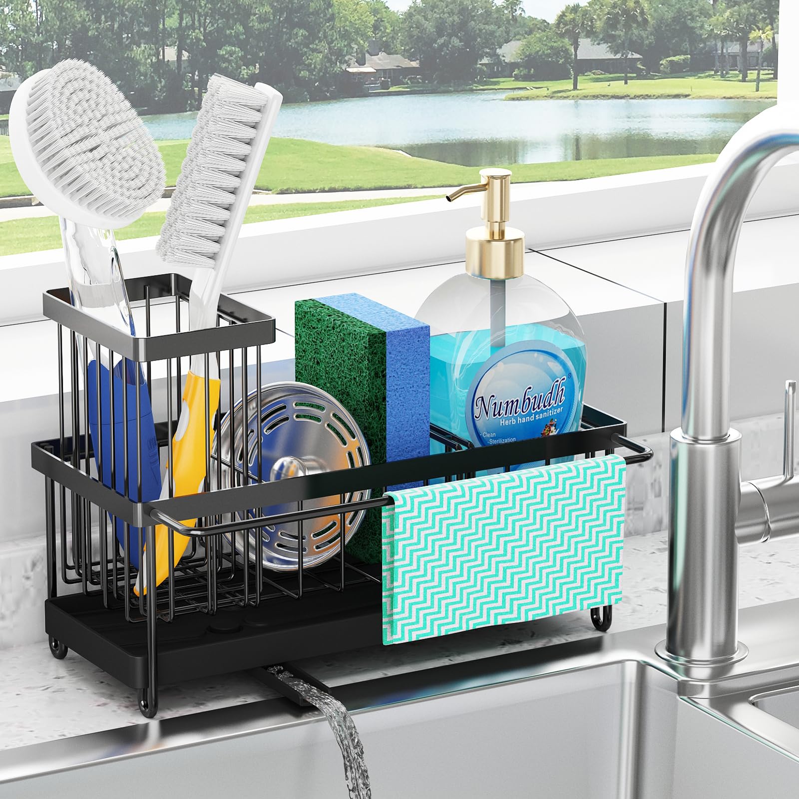 Godboat Sponge Holder For Kitchen Sink - Kitchen Sink Organizer With Brush Holder, 201 Stainless Steel, Sink Caddy With Auto-Dra