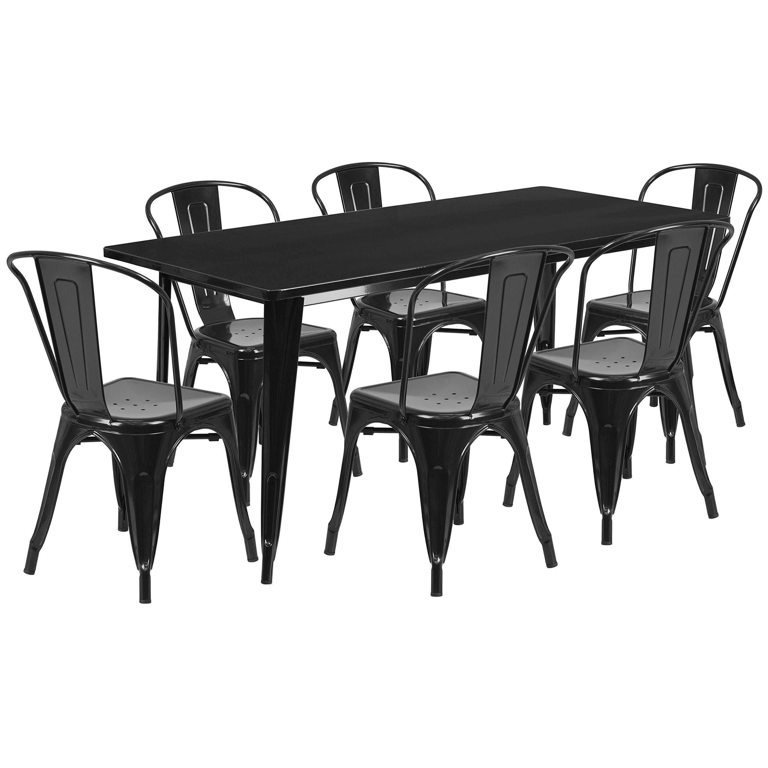Flash Furniture Commercial Grade 31.5' X 63' Rectangular Black Metal Indoor-Outdoor Table Set With 6 Stack Chairs