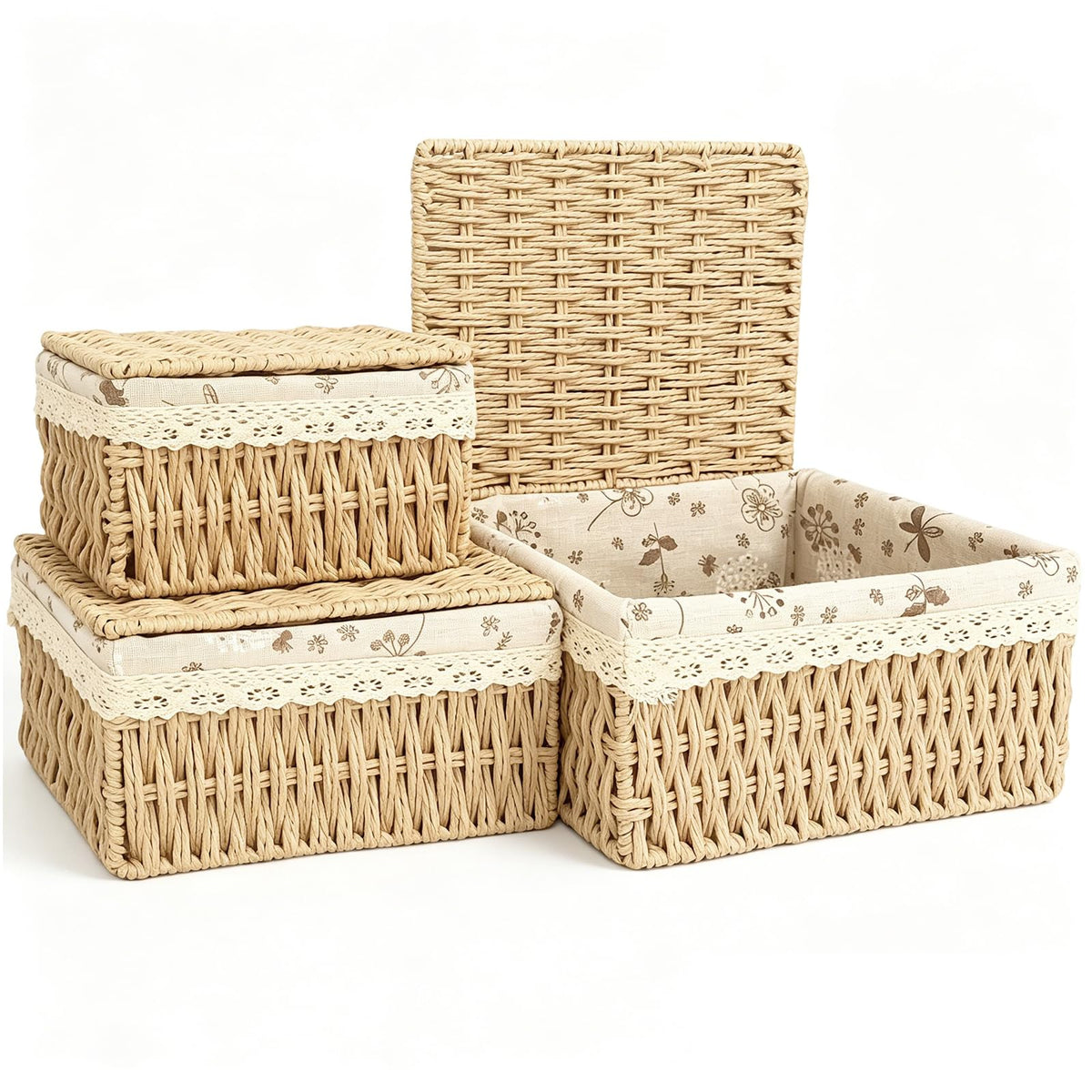 Small Wicker Basket with Lid & Liner for Counter, Woven Storage basket Set of 3, Rectangular Paper Rope Woven Baskets for Organi