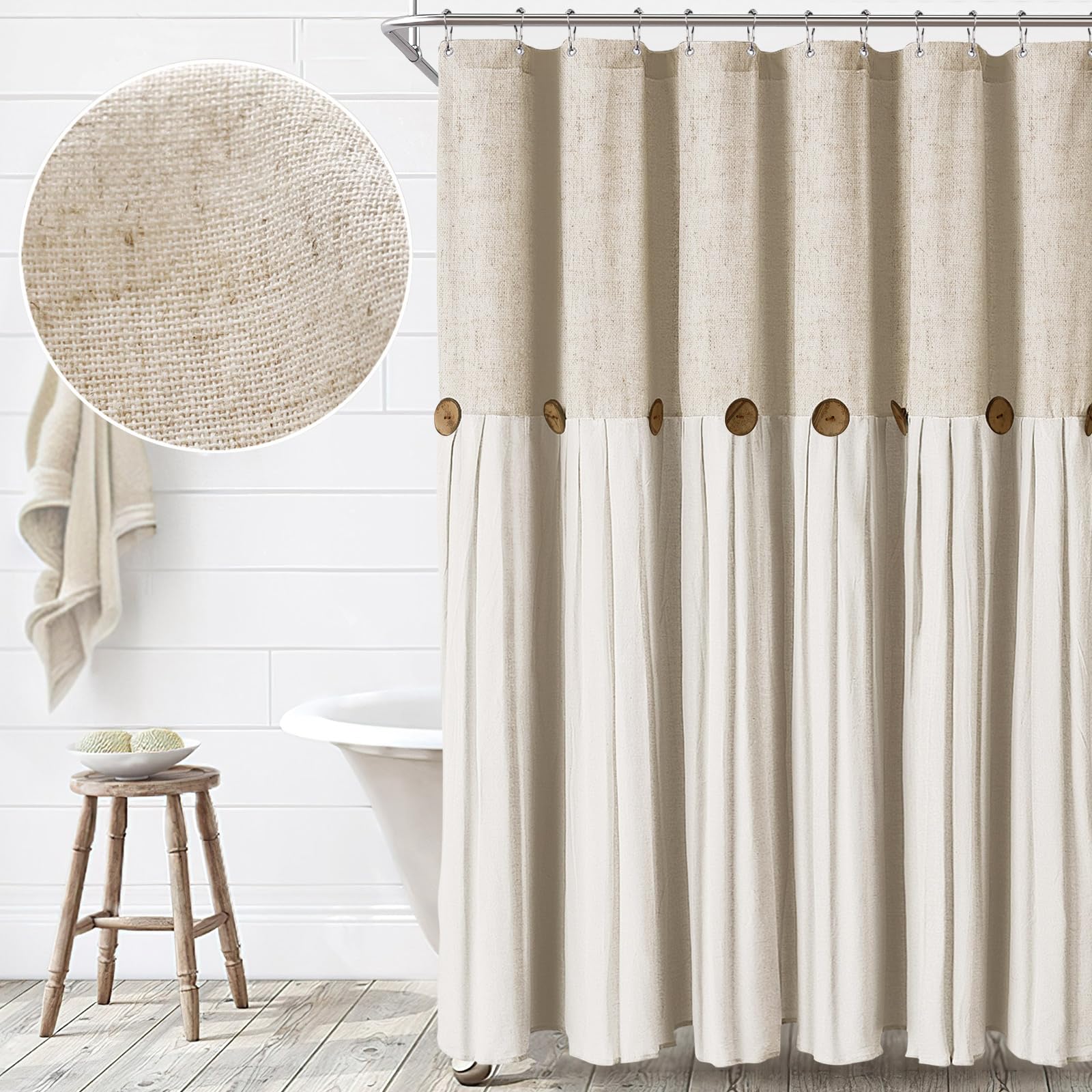 Awellife Linen Button Farmhouse Shower Curtain,Linen And Cotton Woven Fabric,Country Rustic Style,72X72