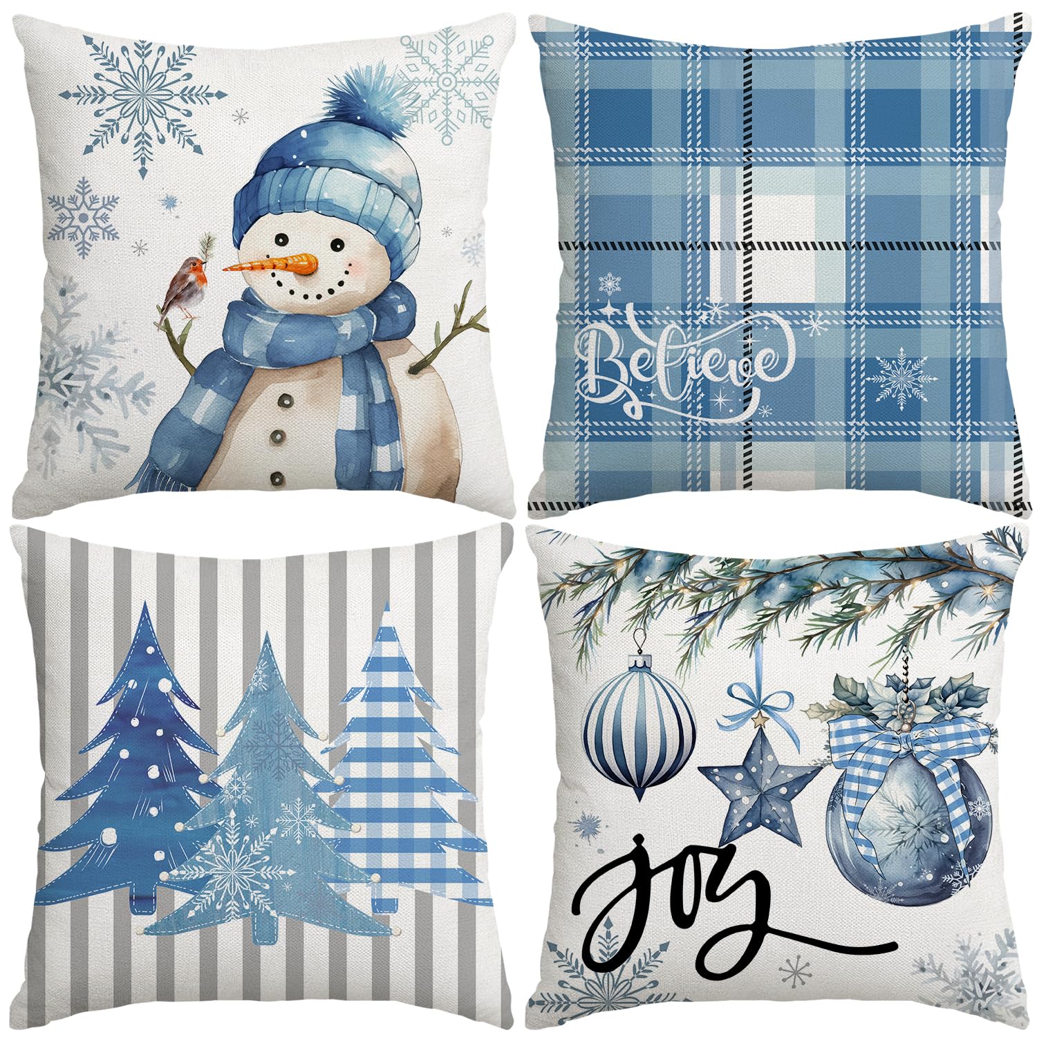 Artmag Christmas Pillow Covers 16X16 Inch Set Of 4, Decorative Farmhouse Snowman Joy Believe Christmas Tree Blue Pillow Covers F