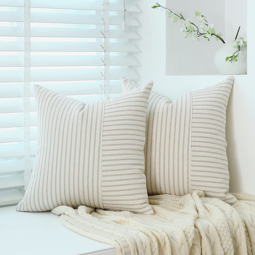 Throw Pillow Covers 16 X 16 Inch Farmhouse Pillow Covers, Set Of 2 Striped Textured Patchwork Squarer Pillow Case For Sofa Sofa