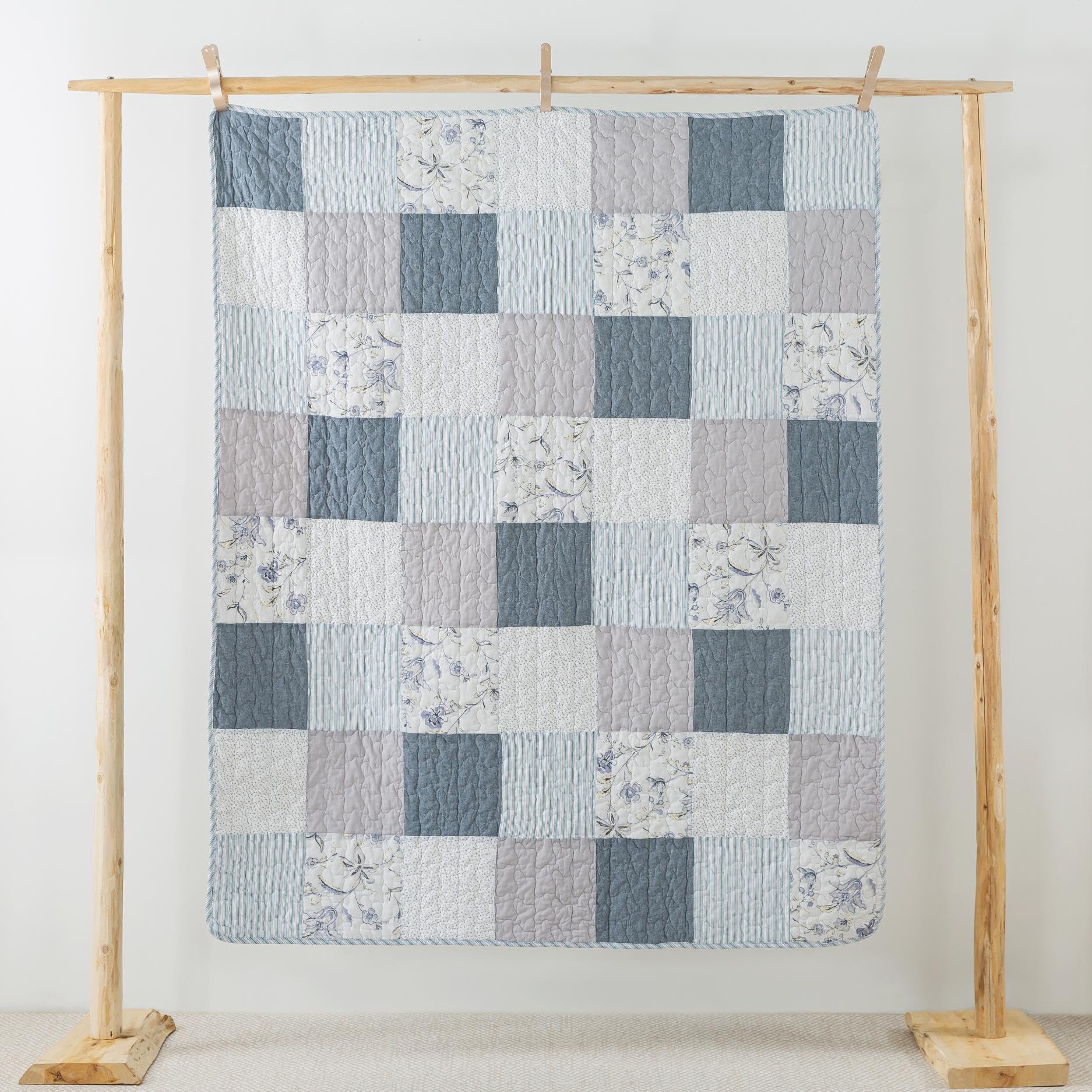Coastal Dream 50' X 60' Cotton Quilted Throw Blanket, Soft Purple And Blue Farmhouse Patchwork Throw Quilt For Couch, Lightwei
