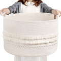 CherryNow Large White Woven Storage Basket, Boho Decorative Basket for Home Decor, Towel basket for Bathroom, Bedroom, Living ro