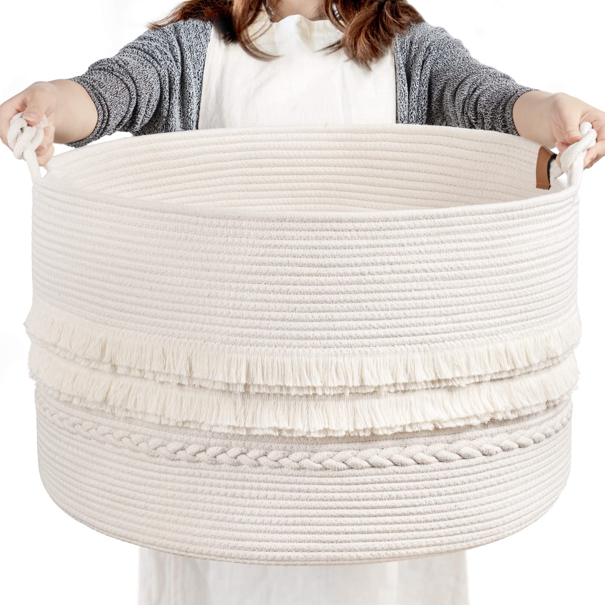 CherryNow Large White Woven Storage Basket, Boho Decorative Basket for Home Decor, Towel basket for Bathroom, Bedroom, Living ro