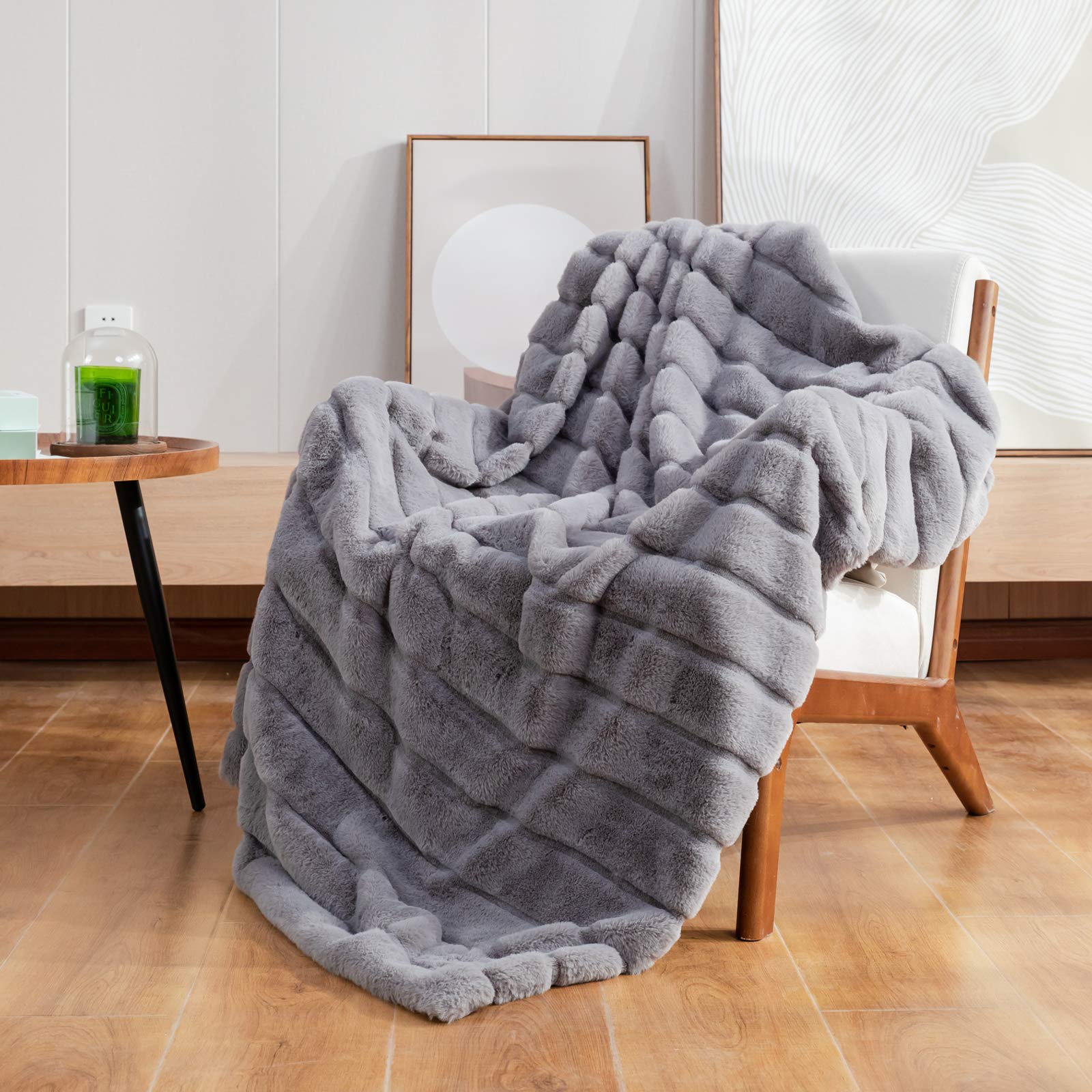 Cozy Bliss Luxury Super Soft Striped Faux Fur Throw Blanket For Couch,60'X 80' Grey Marl, Warm Milky Plush Blanket For Sofa Be